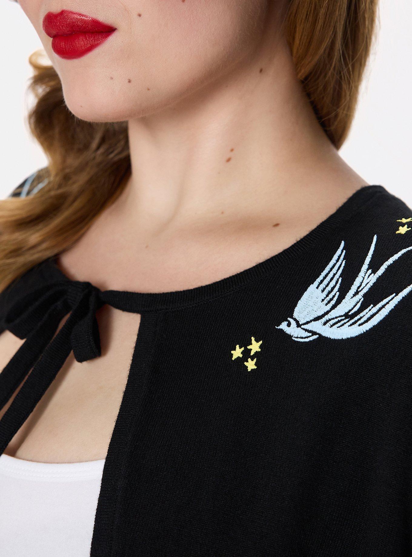 Retro Chic Embroidered Tie-Front Shrug, SWALLOWS AND STARS BLACK, alternate