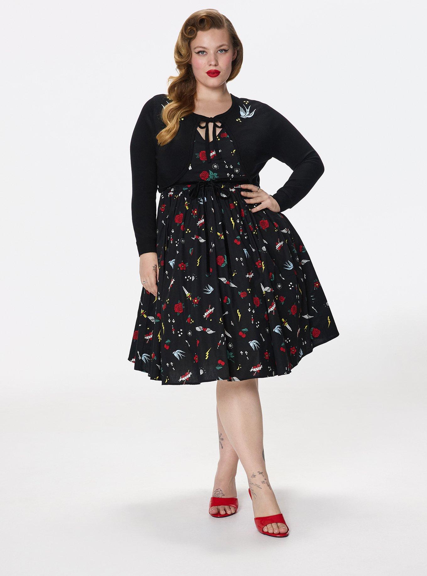 Retro Chic Embroidered Tie-Front Shrug, SWALLOWS AND STARS BLACK, alternate