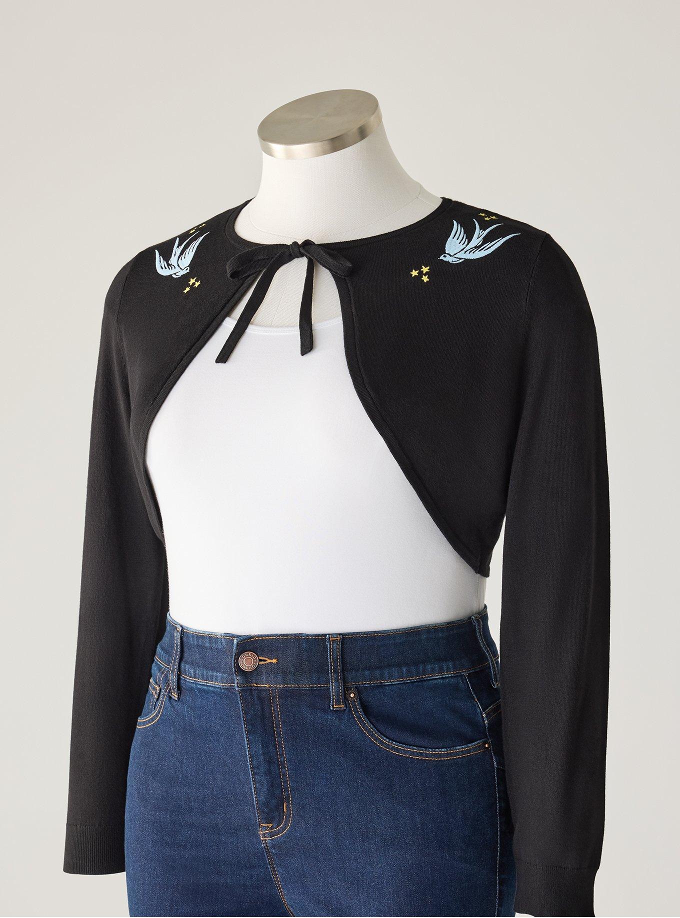 Retro Chic Embroidered Tie-Front Shrug, SWALLOWS AND STARS BLACK, flat