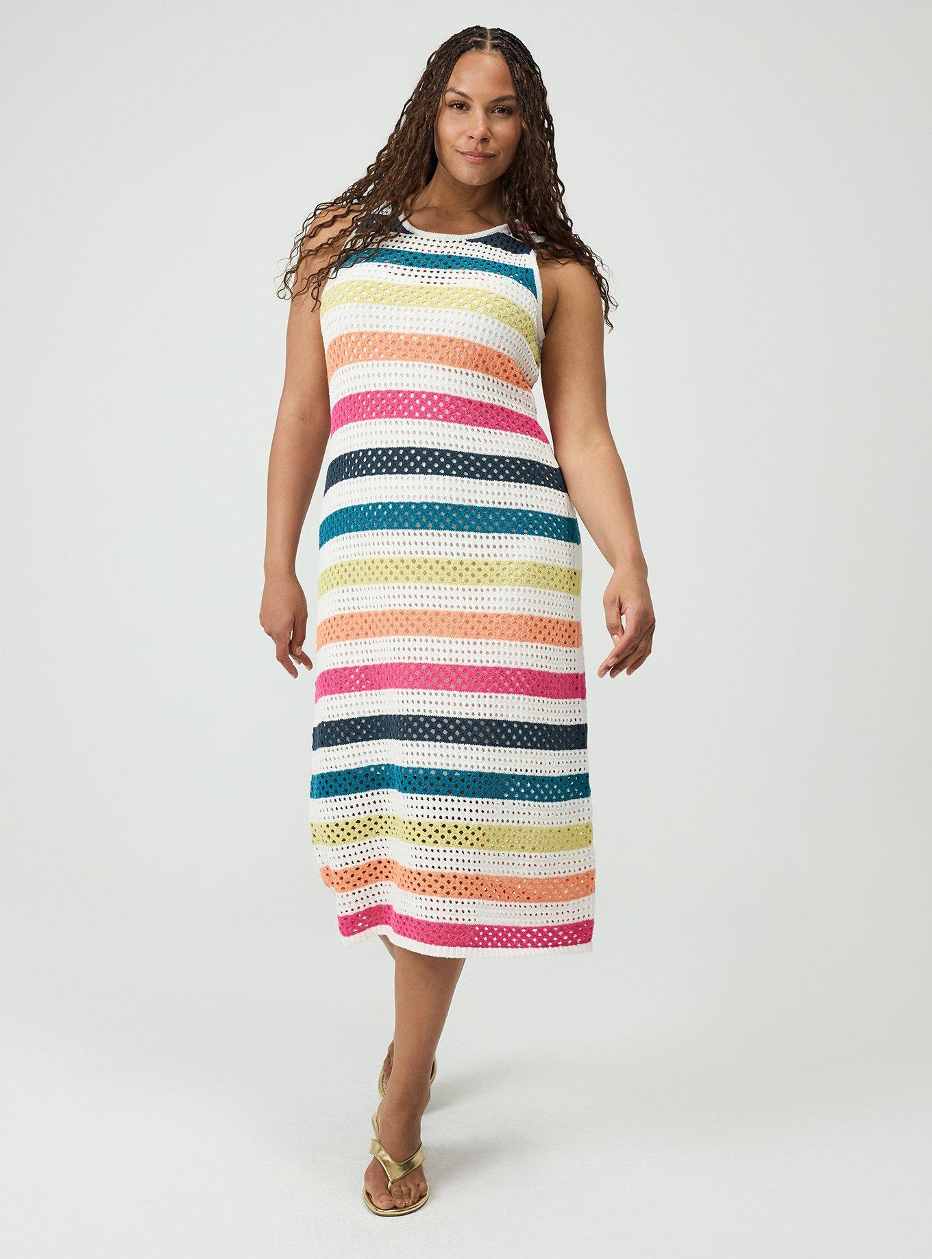 Open Stitch Midi Dress, POINTELLE BLANC DE BLANC RAINBOW MULTI STRIPE, alternate