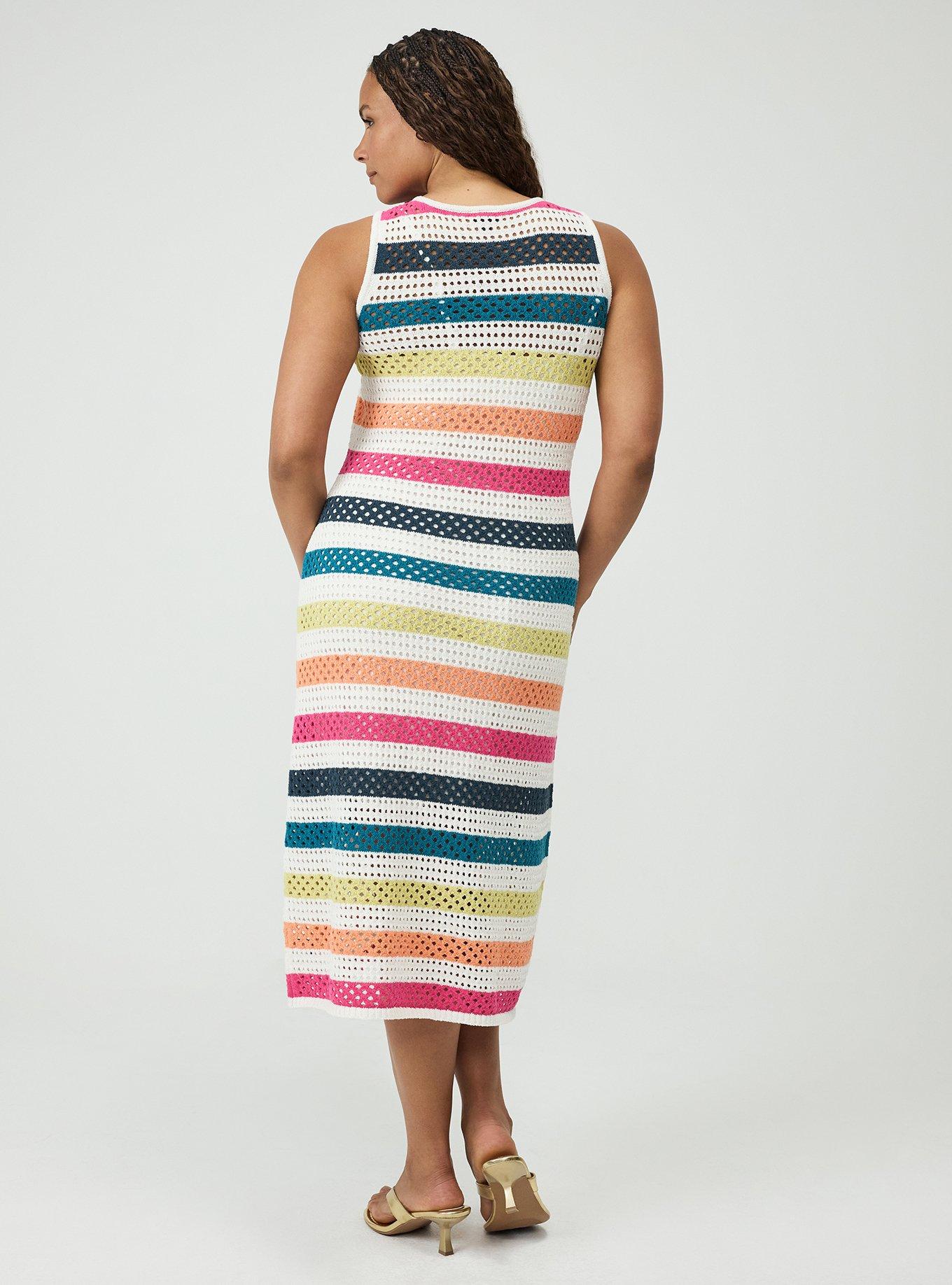Open Stitch Midi Dress, POINTELLE BLANC DE BLANC RAINBOW MULTI STRIPE, alternate