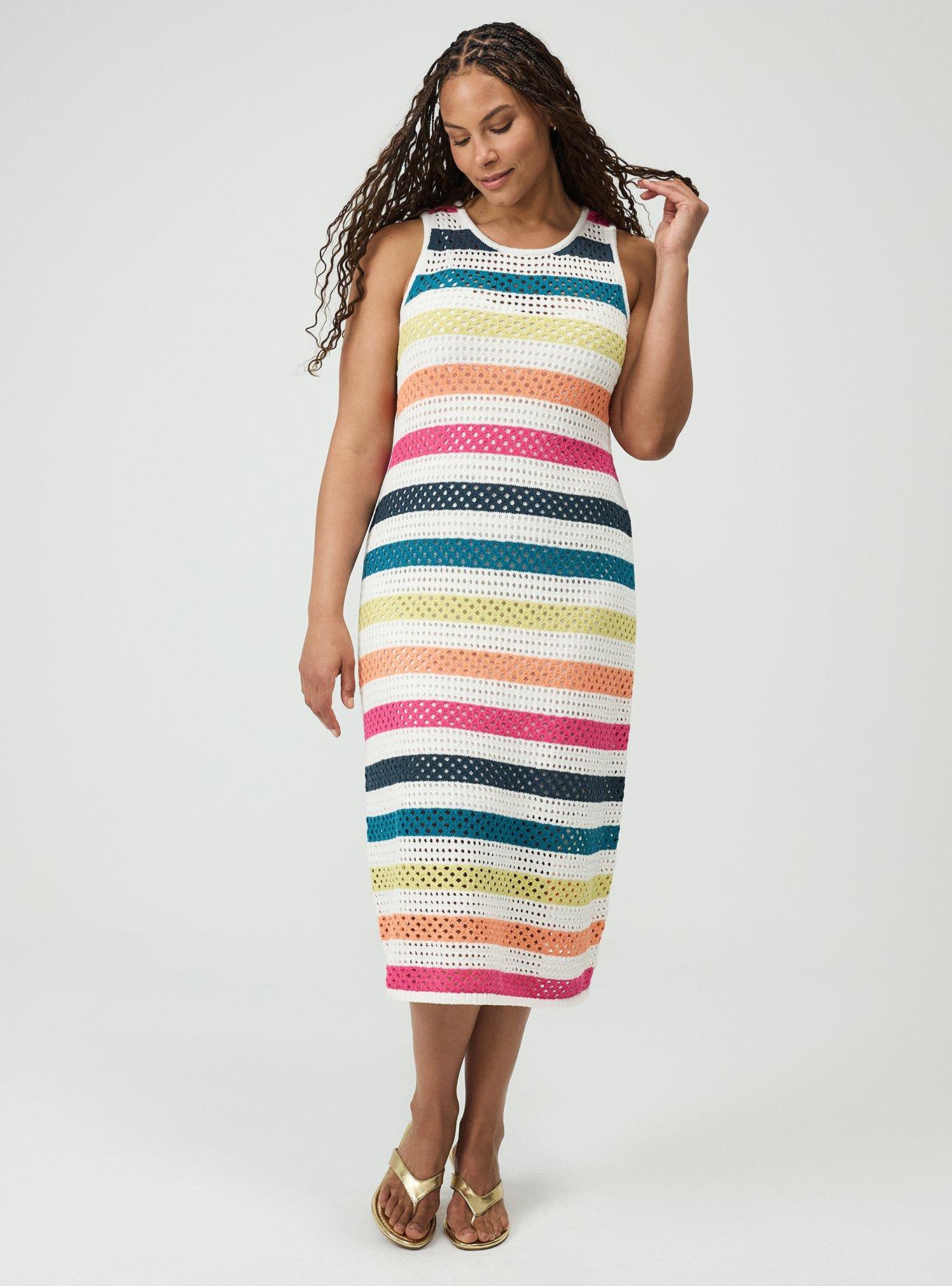 Open Stitch Midi Dress, POINTELLE BLANC DE BLANC RAINBOW MULTI STRIPE, alternate