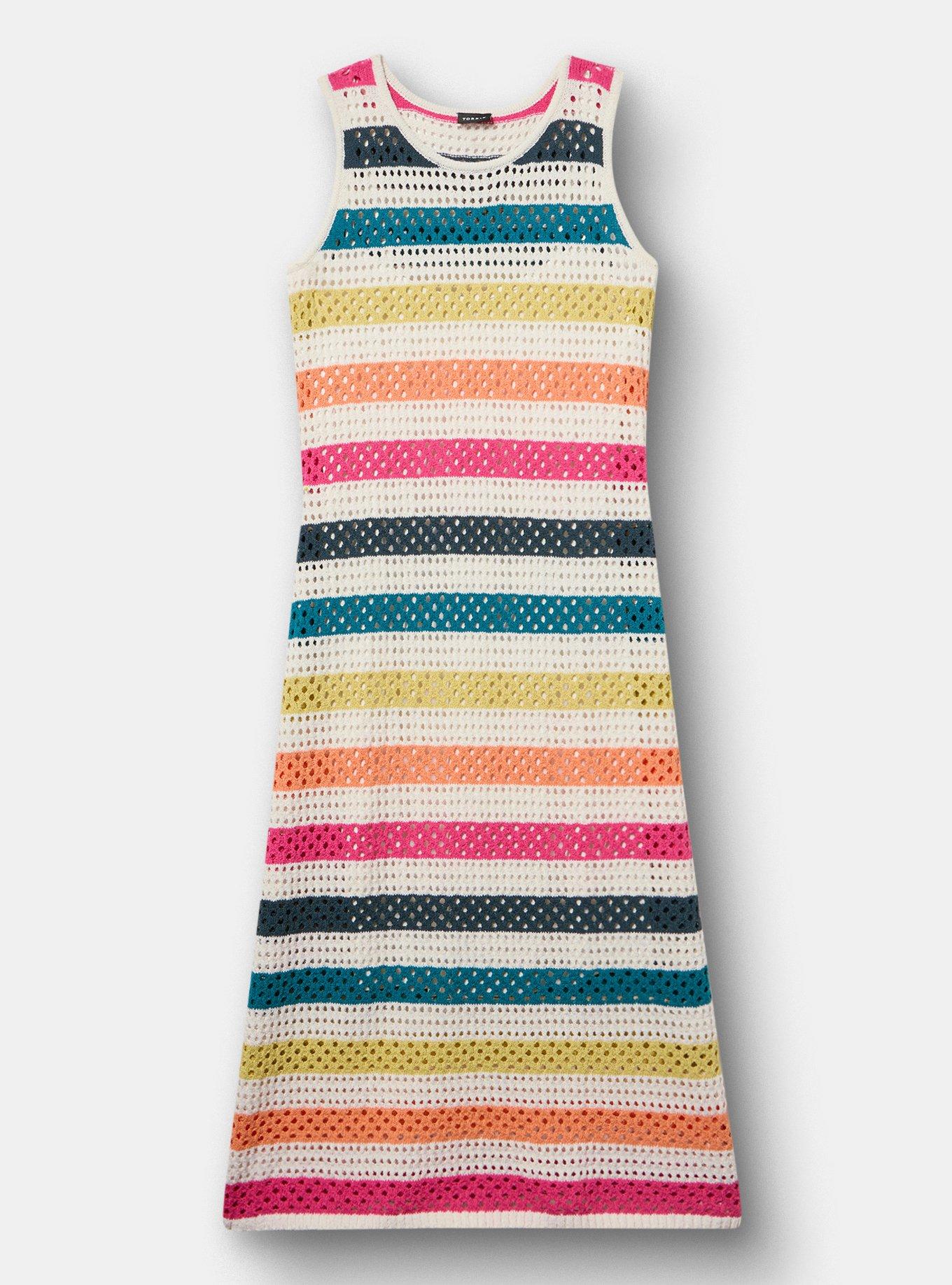 Open Stitch Midi Dress, POINTELLE BLANC DE BLANC RAINBOW MULTI STRIPE, flat