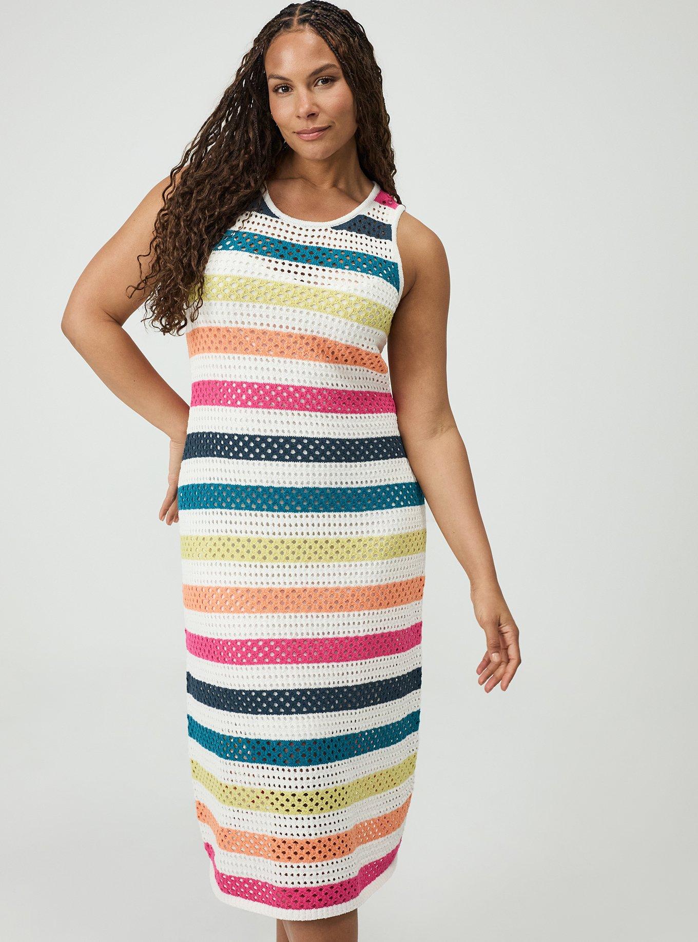 Open Stitch Midi Dress, POINTELLE BLANC DE BLANC RAINBOW MULTI STRIPE, hi-res