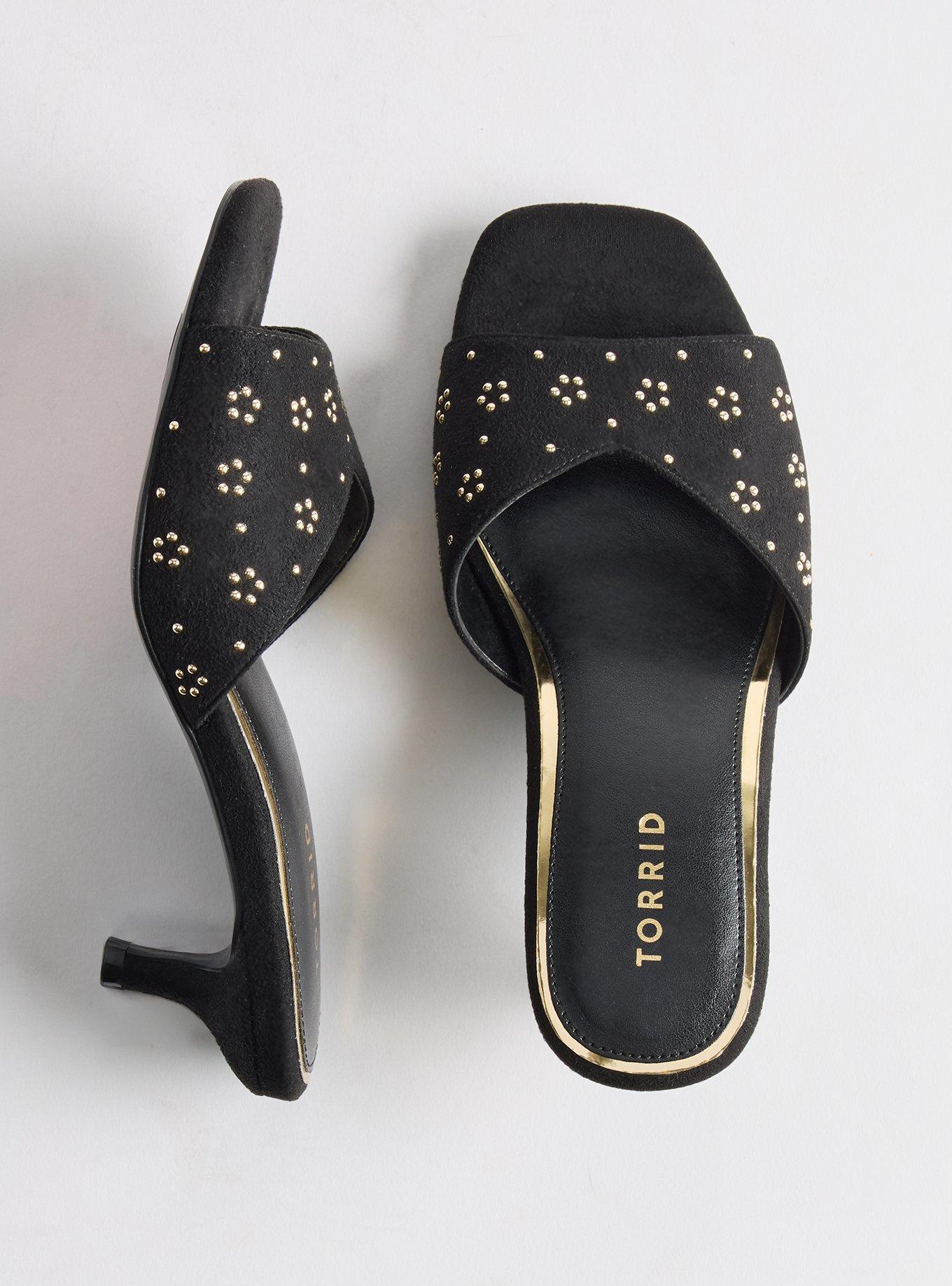 Floral Studded Kitten Heel Mule (WW), BLACK, hi-res