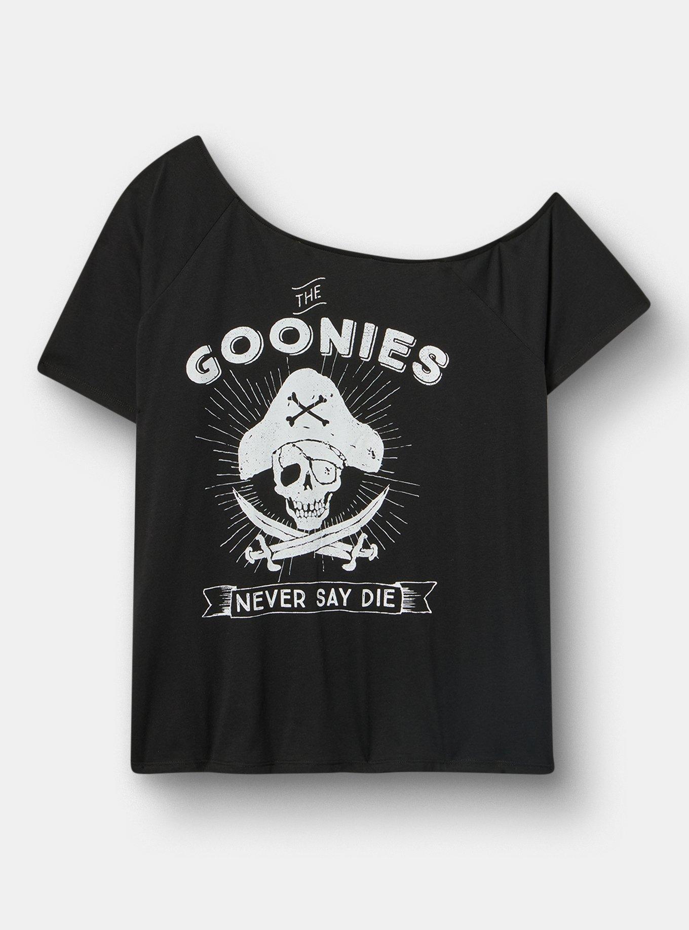The Goonies Cotton Off-Shoulder Tee, GOONIES NEVER SAY DIE DEEP BLACK, hi-res