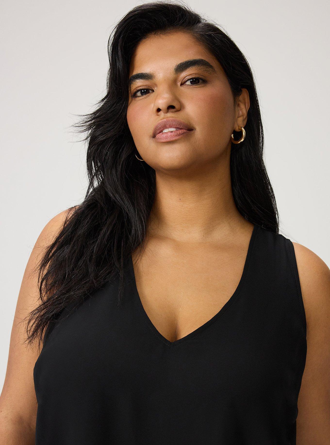 Chiffon Double Layer V-Neck Tank, DEEP BLACK, alternate