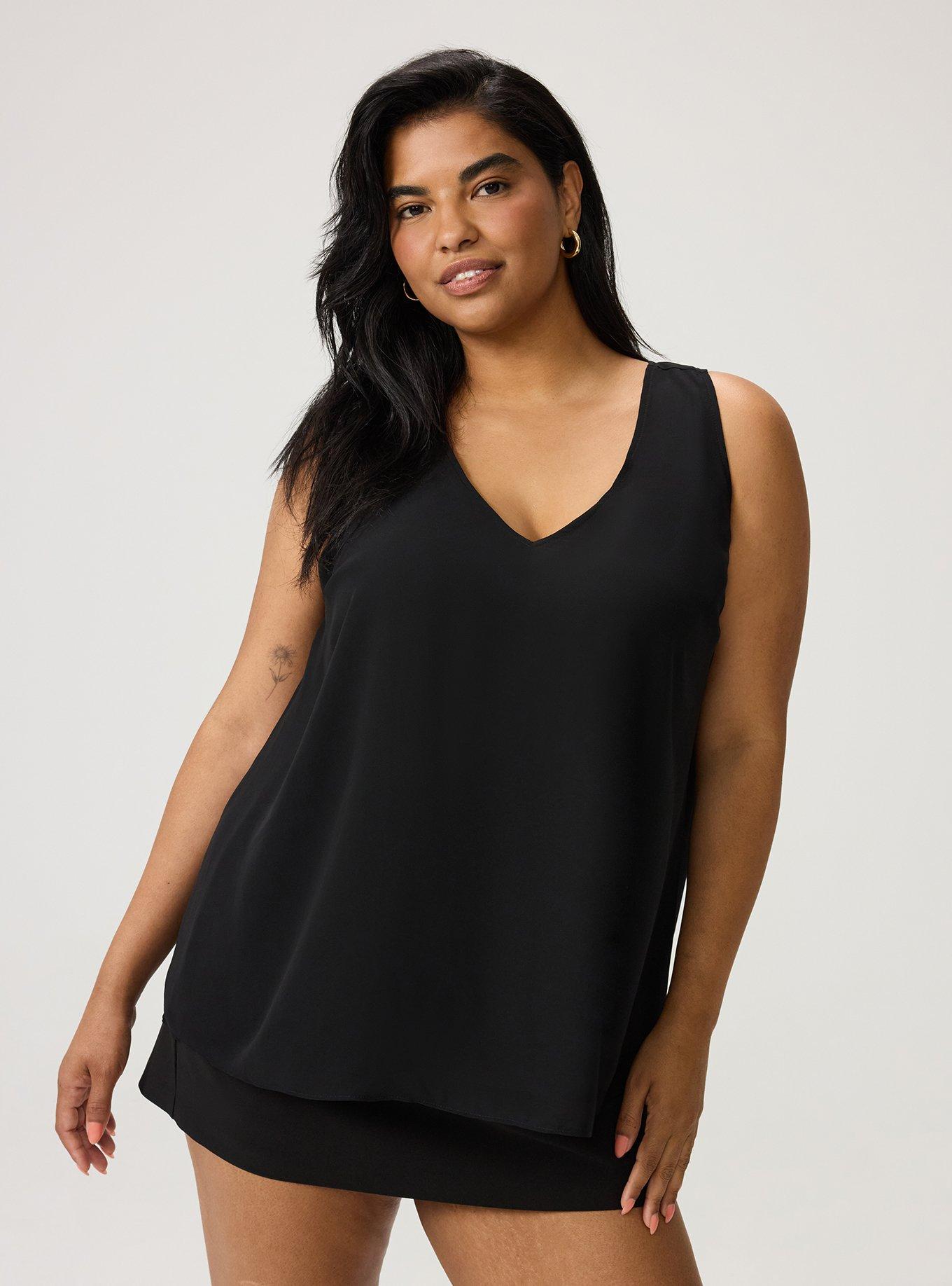 Chiffon Double Layer V-Neck Tank, DEEP BLACK, hi-res
