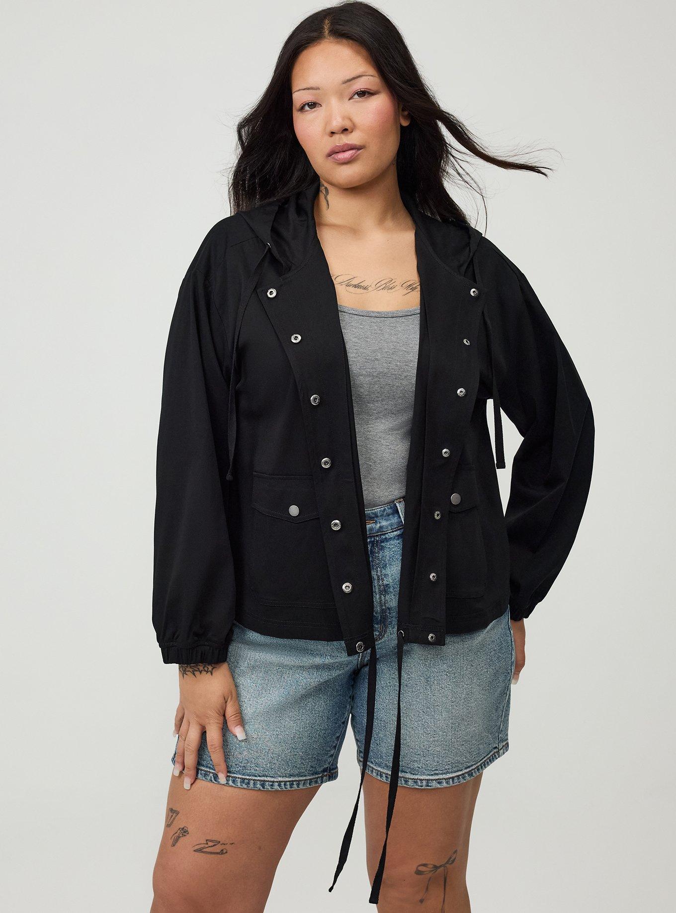 Stretch Challis Hooded Jacket, DEEP BLACK, hi-res