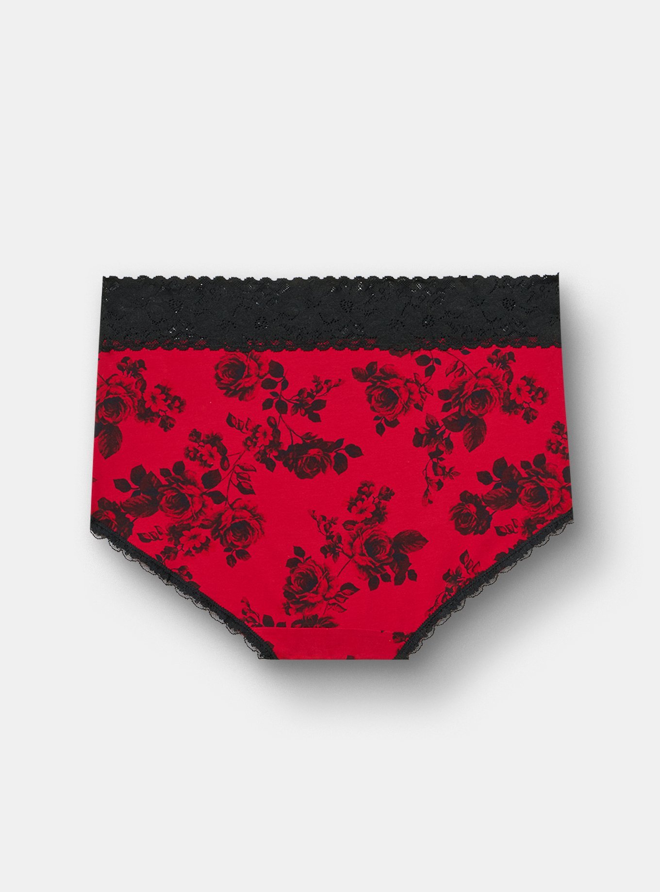 Plus Size Cotton High-Rise Lace Trim Brief Panty, ROSETTA FLORAL RED, alternate