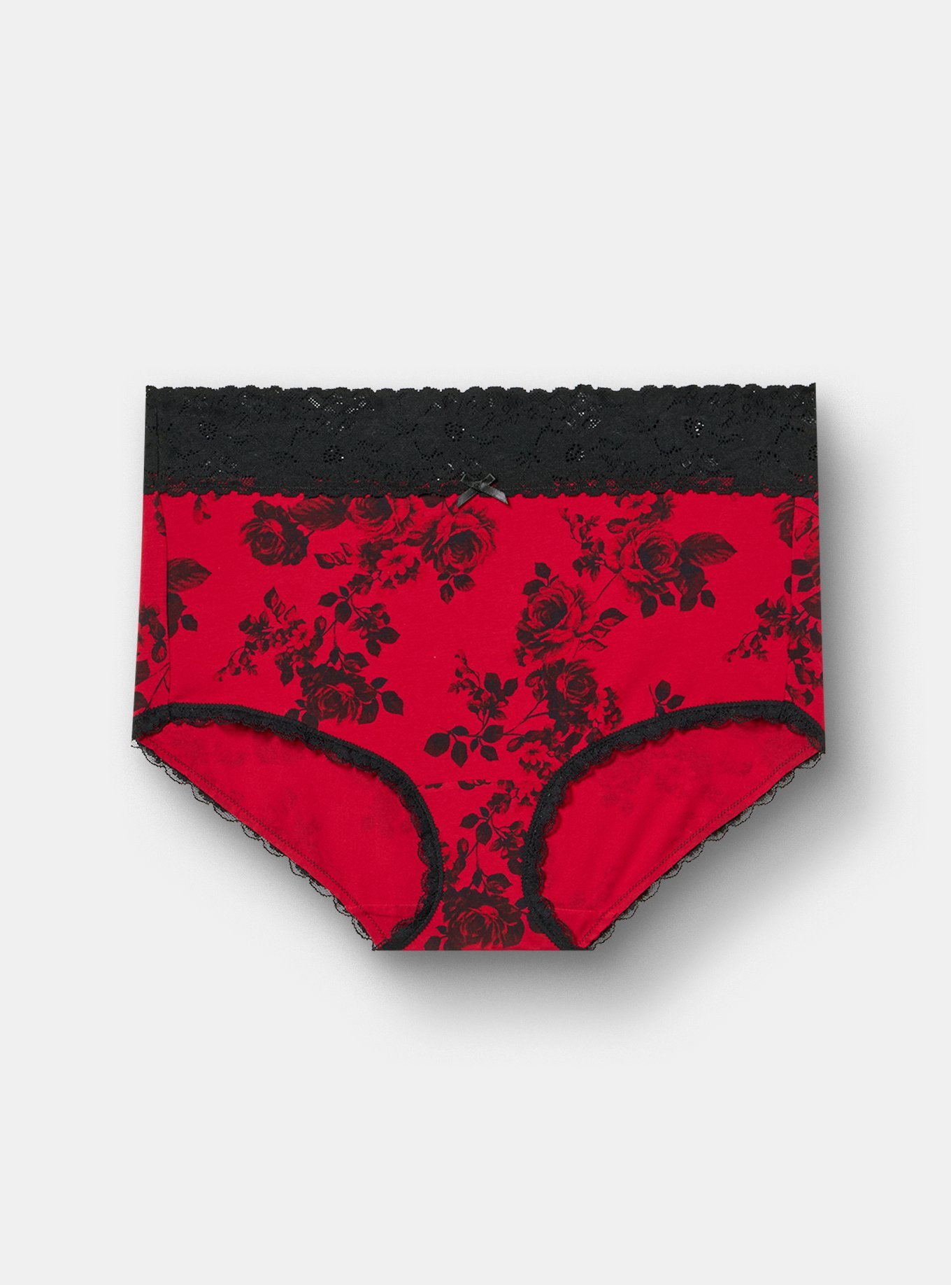 Plus Size Cotton High-Rise Lace Trim Brief Panty, ROSETTA FLORAL RED, hi-res