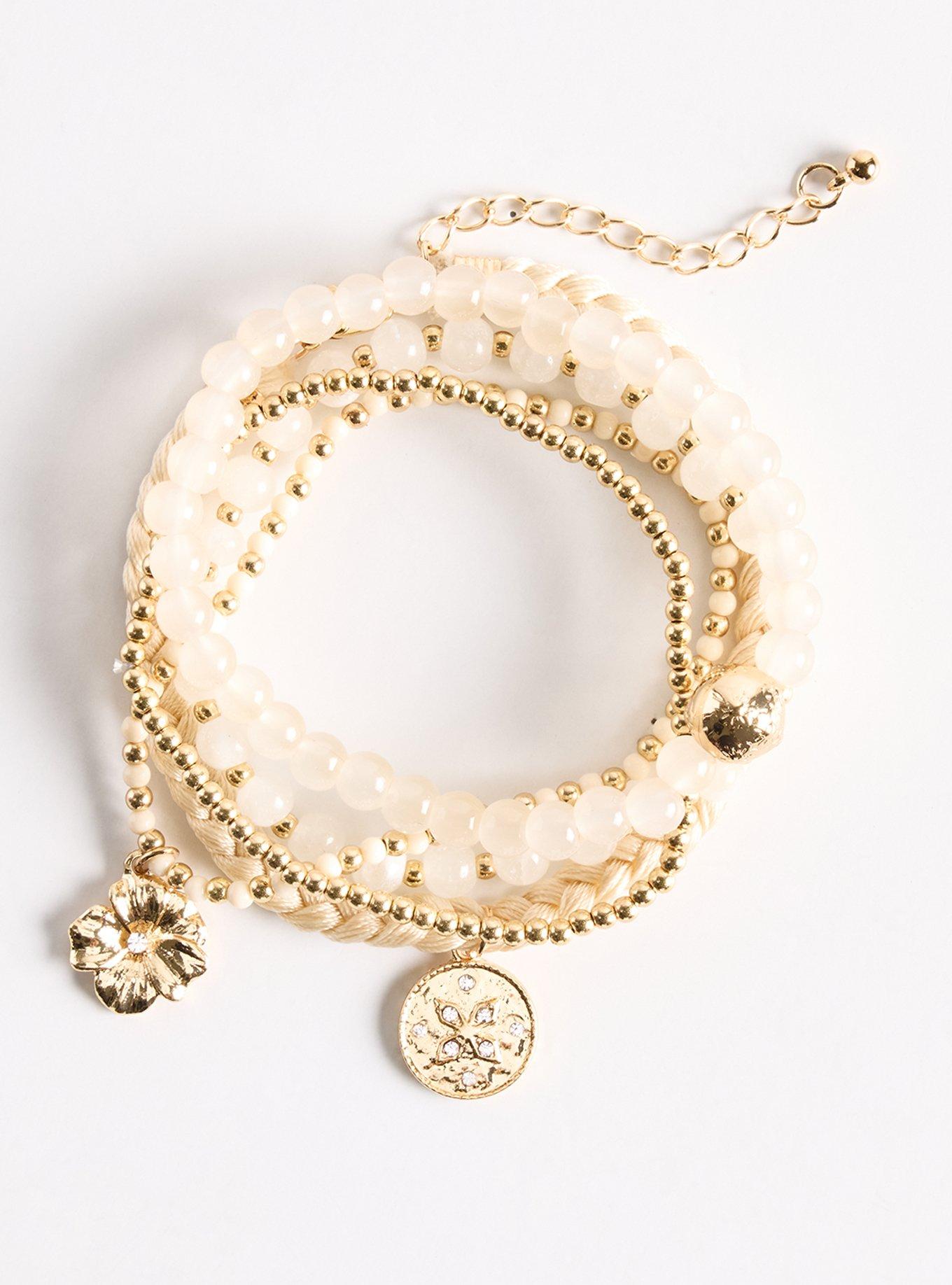 Beaded Braid Stretch Bracelet, GOLD, hi-res