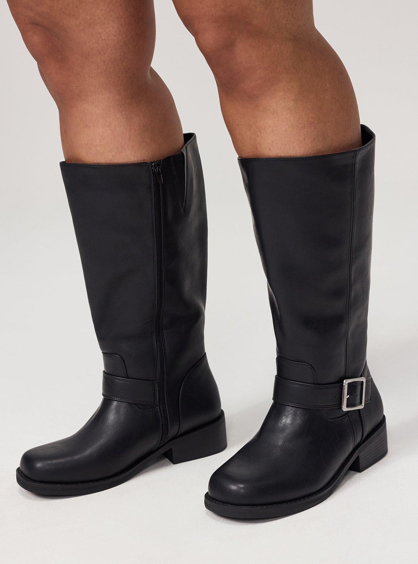 Square Toe Buckle Knee Boot (WW), BLACK, alternate