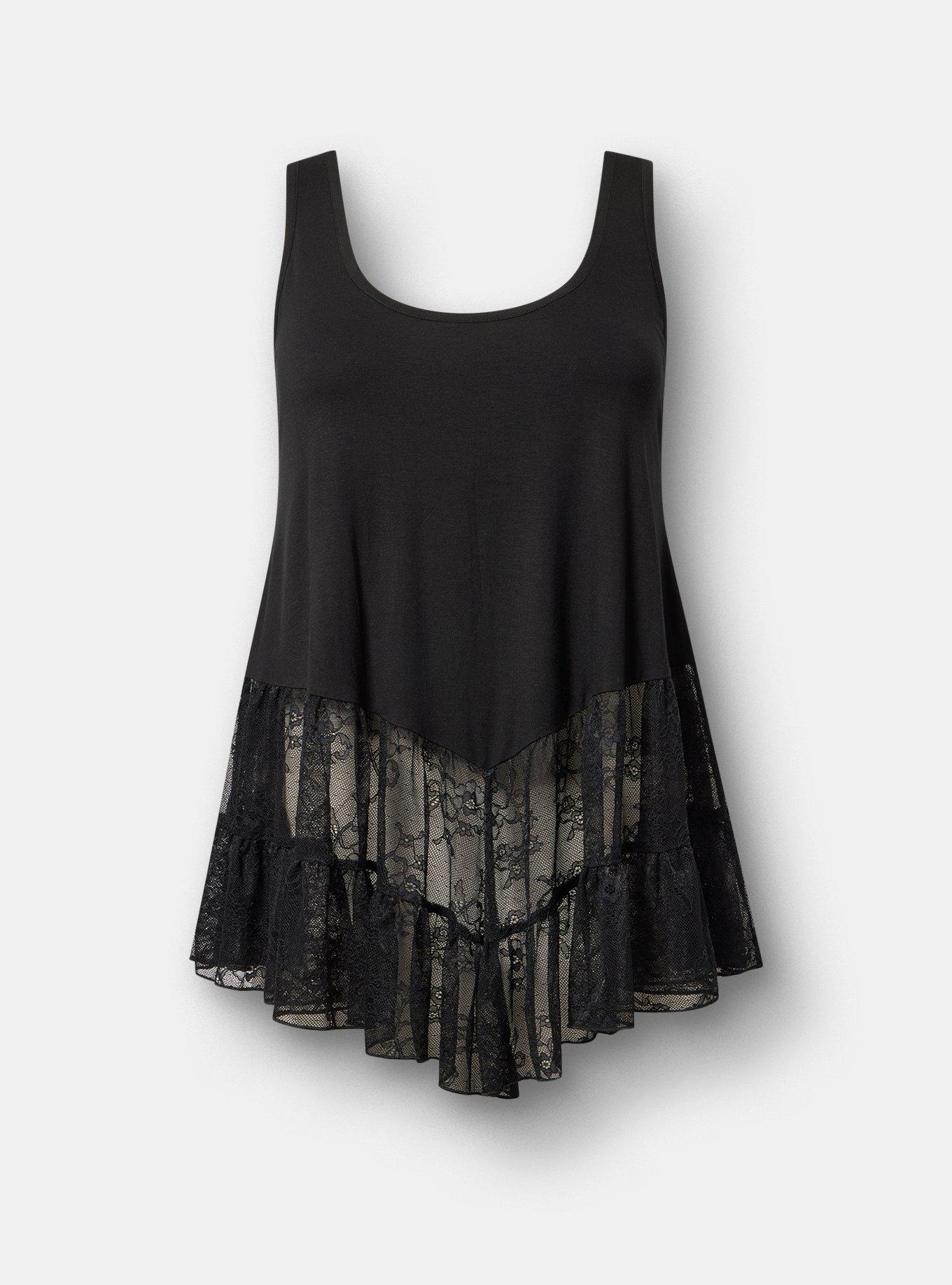 Super Soft Pointed Hem Lace Tunic Tank, DEEP BLACK, flat