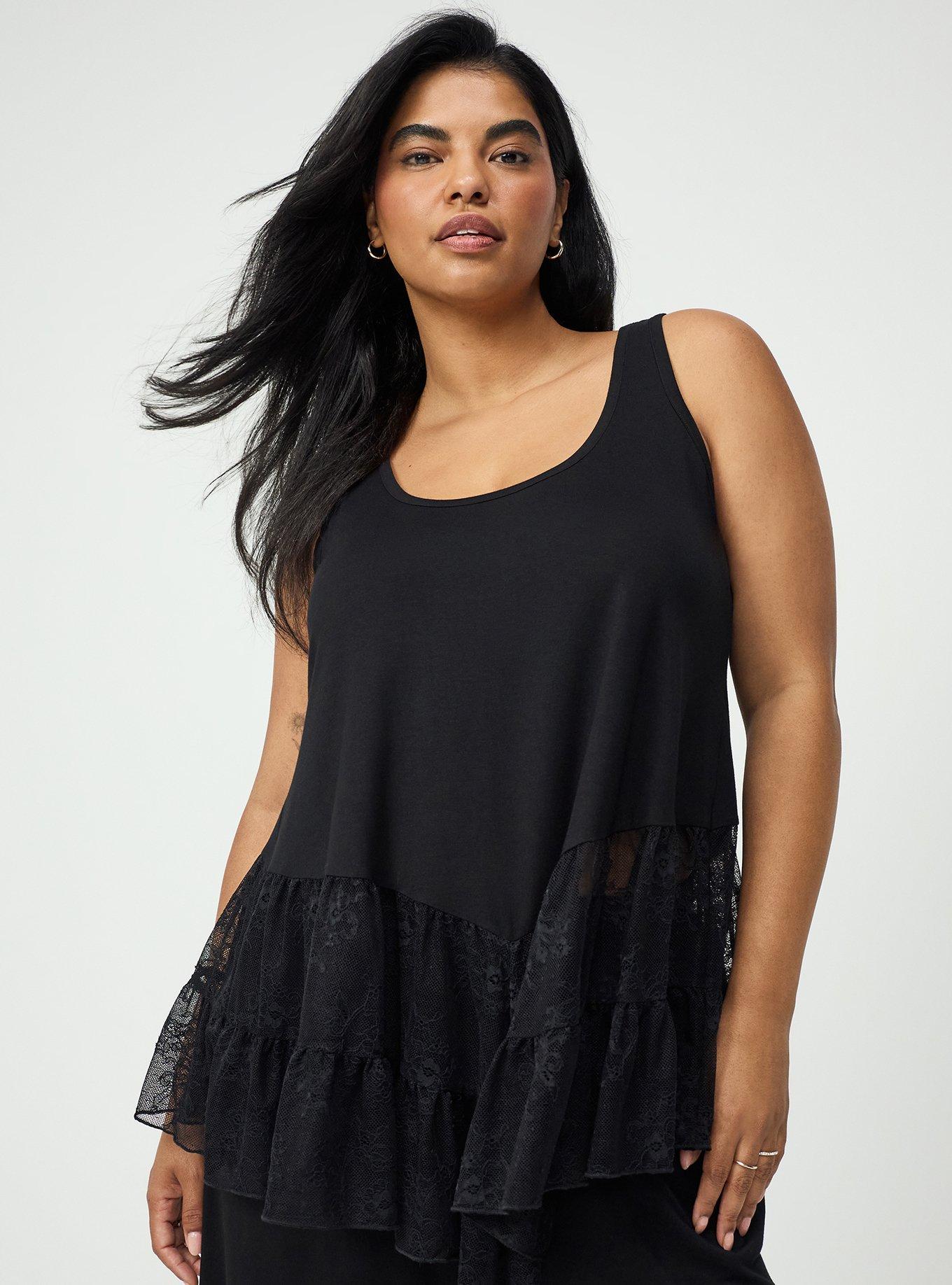 Super Soft Pointed Hem Lace Tunic Tank, DEEP BLACK, hi-res