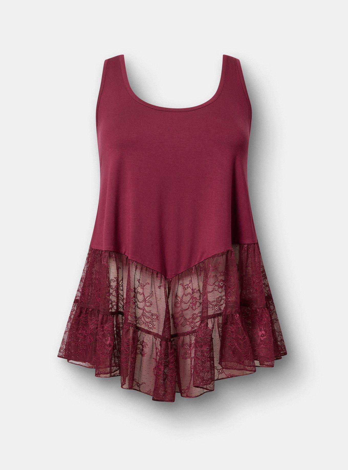 Super Soft Pointed Hem Lace Tunic Tank, MAROON BANNER, flat