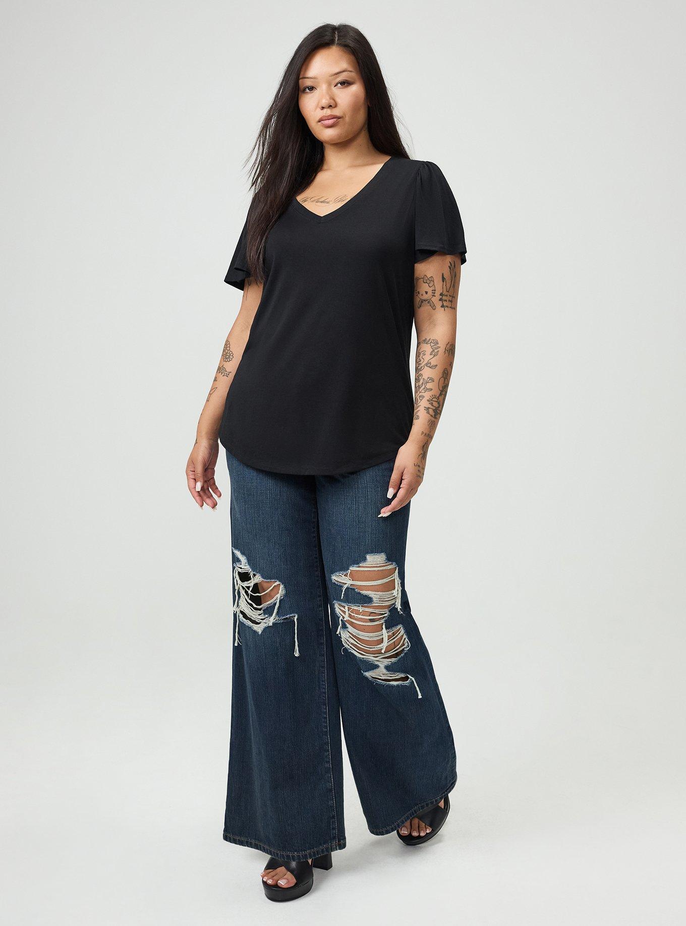 Plus Size Girlfriend Signature Jersey V-Neck Flutter Sleeve Tee, DEEP BLACK, alternate