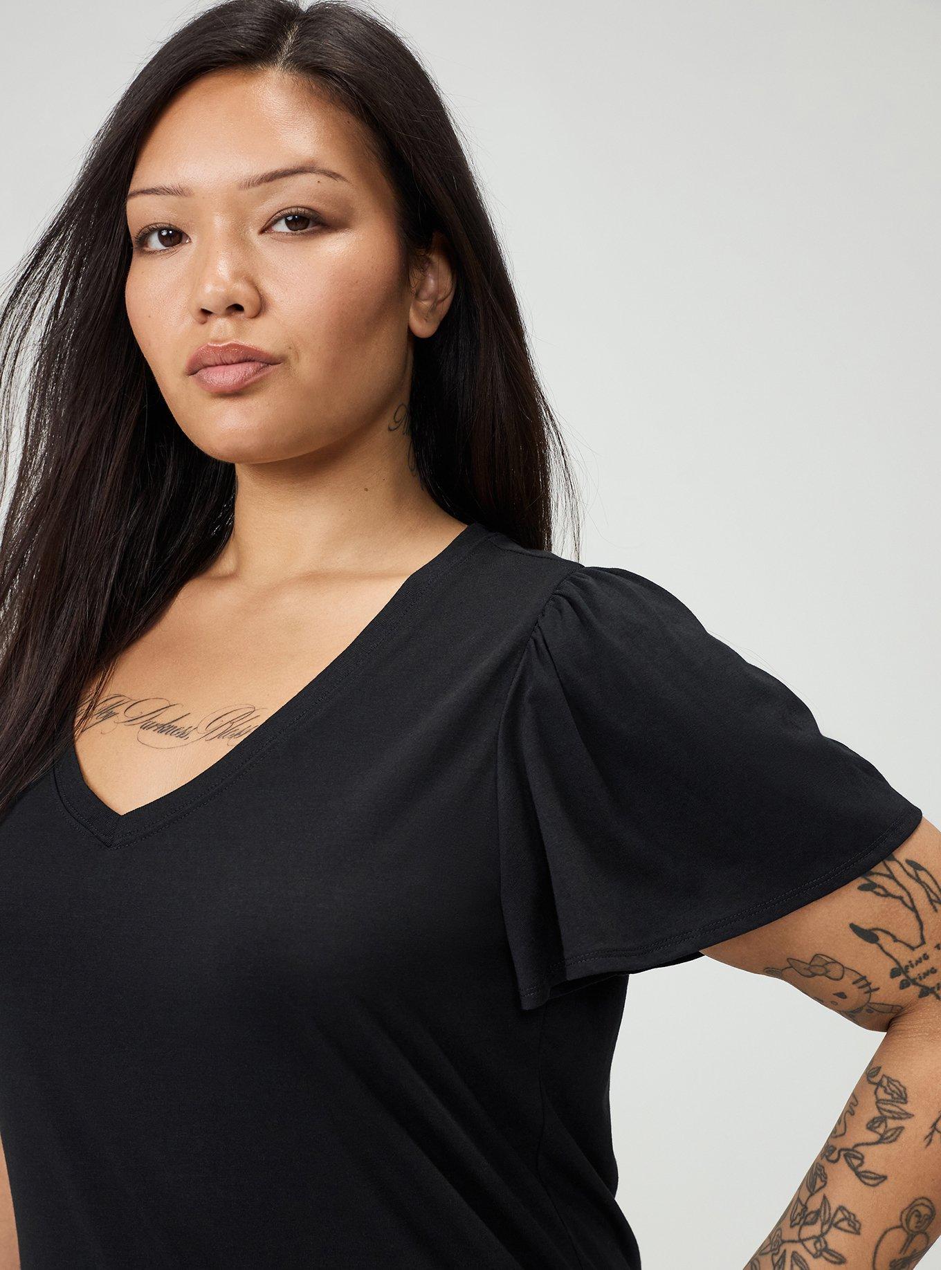 Plus Size Girlfriend Signature Jersey V-Neck Flutter Sleeve Tee, DEEP BLACK, alternate
