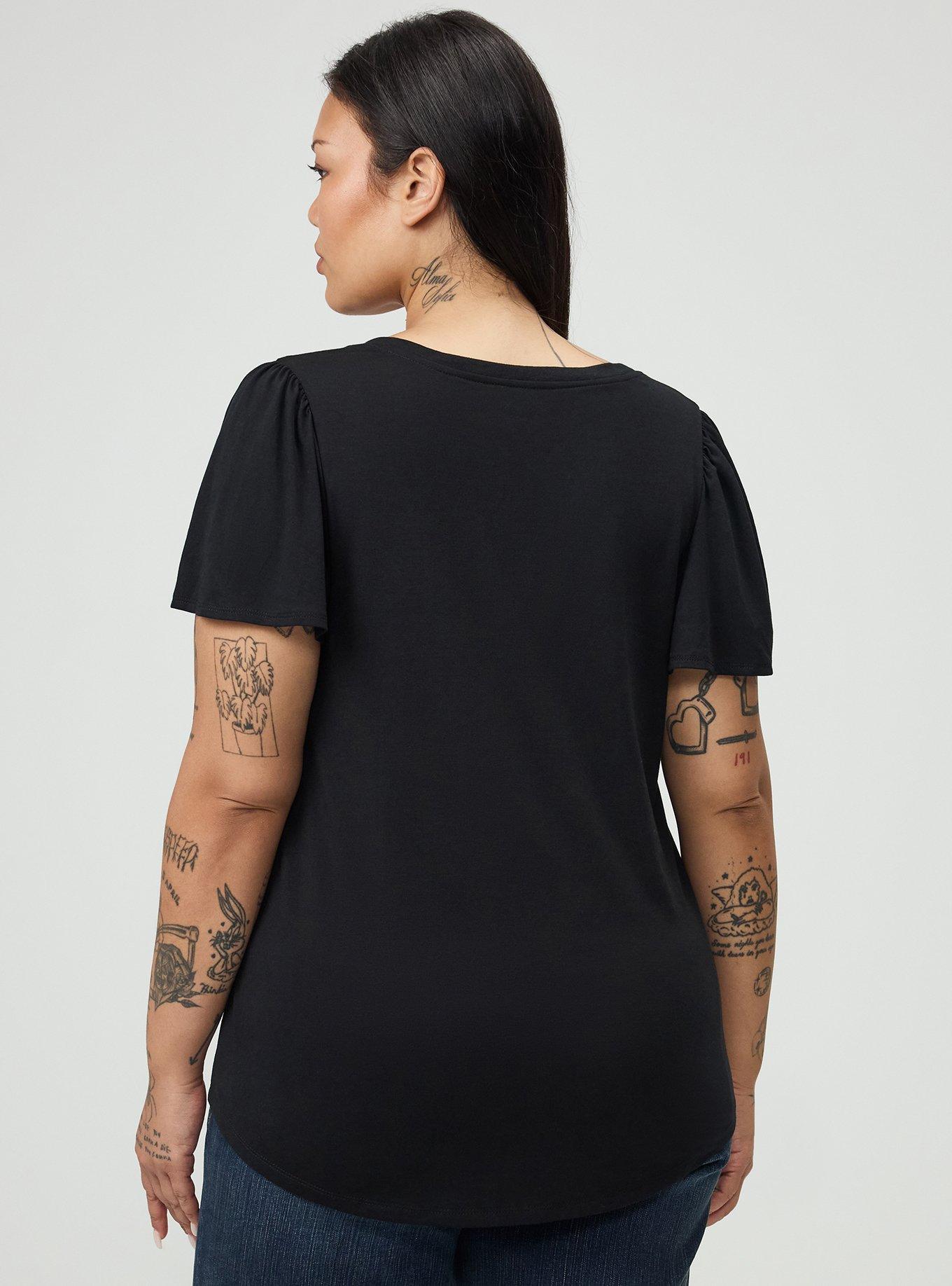 Plus Size Girlfriend Signature Jersey V-Neck Flutter Sleeve Tee, DEEP BLACK, alternate