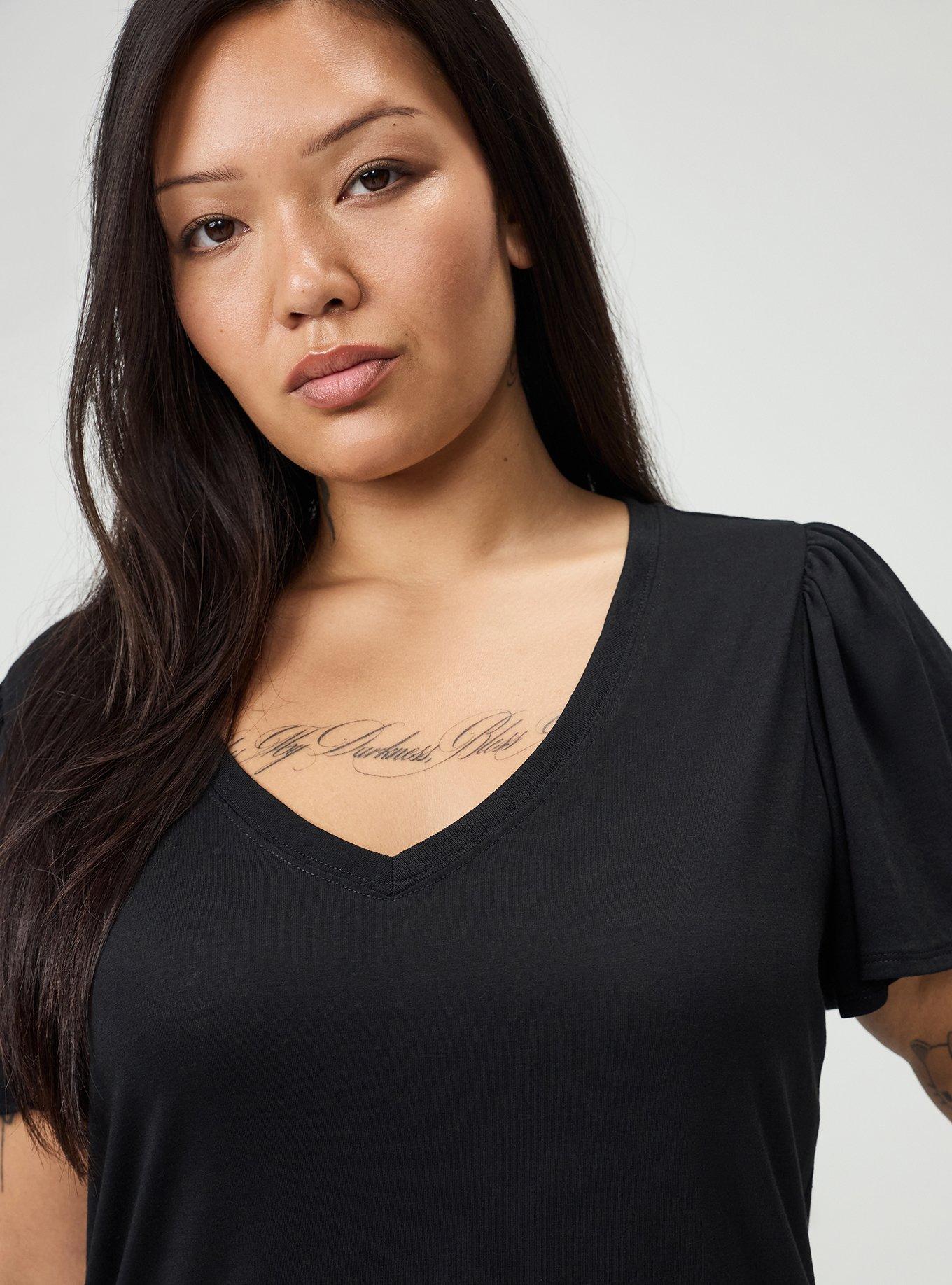 Plus Size Girlfriend Signature Jersey V-Neck Flutter Sleeve Tee, DEEP BLACK, alternate
