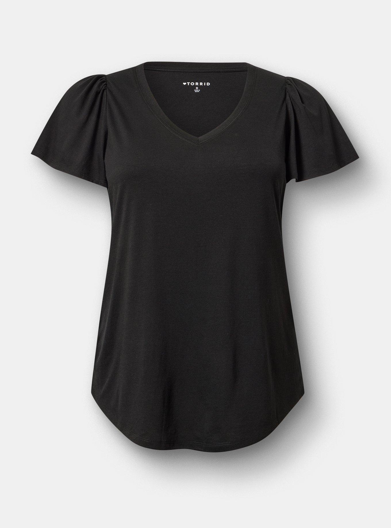 Plus Size Girlfriend Signature Jersey V-Neck Flutter Sleeve Tee, DEEP BLACK, flat