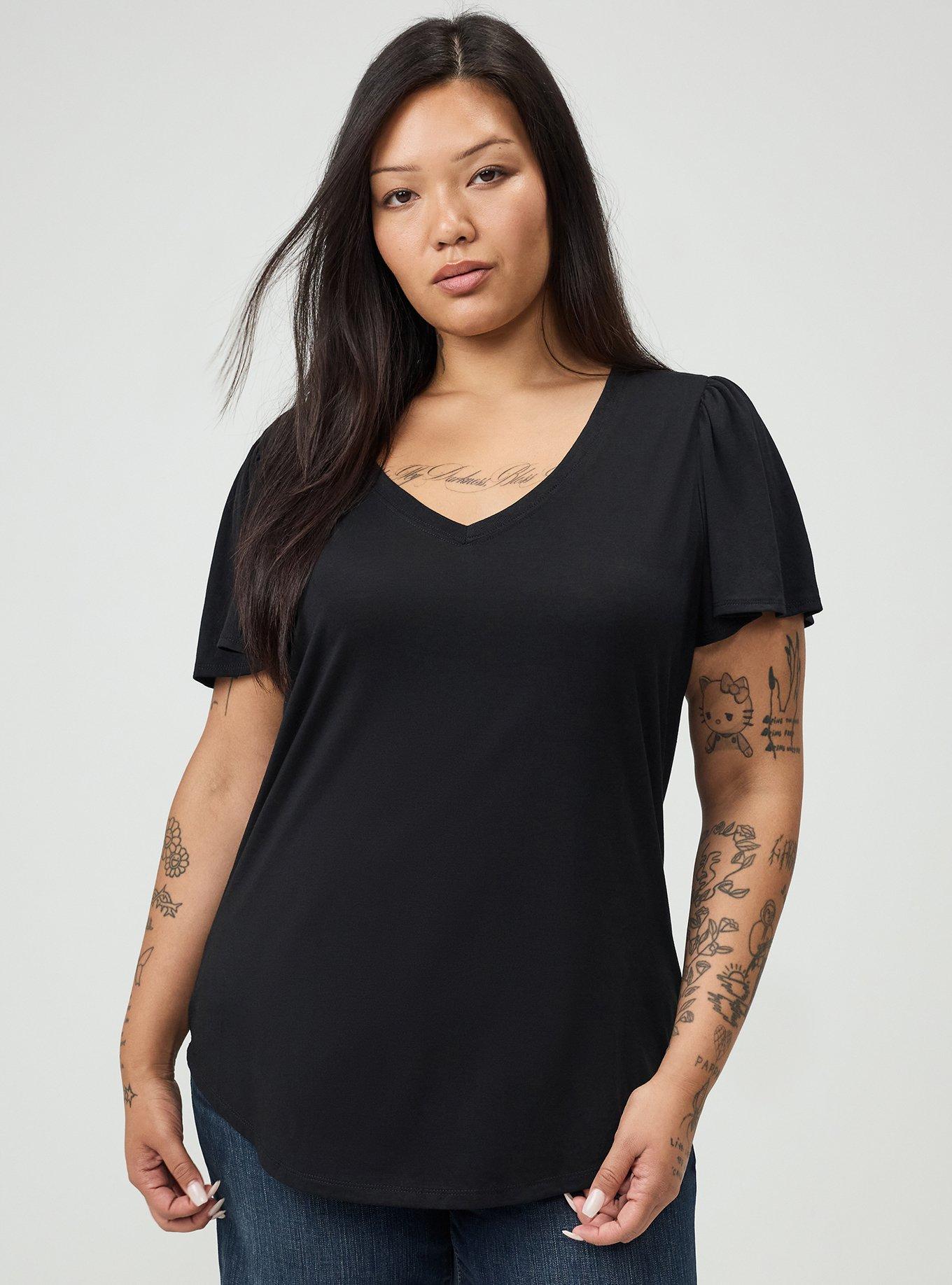 Plus Size Girlfriend Signature Jersey V-Neck Flutter Sleeve Tee, DEEP BLACK, hi-res