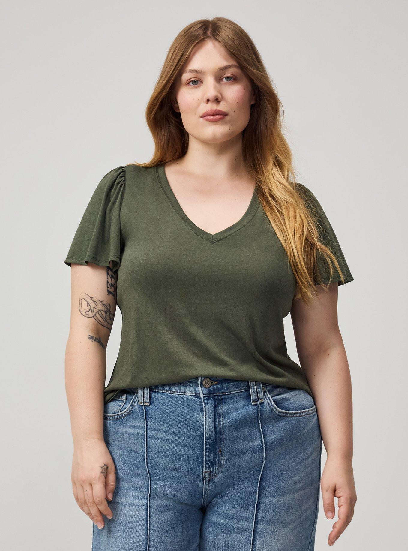 Plus Size Girlfriend Signature Jersey V-Neck Flutter Sleeve Tee, DEEP DEPTHS, alternate