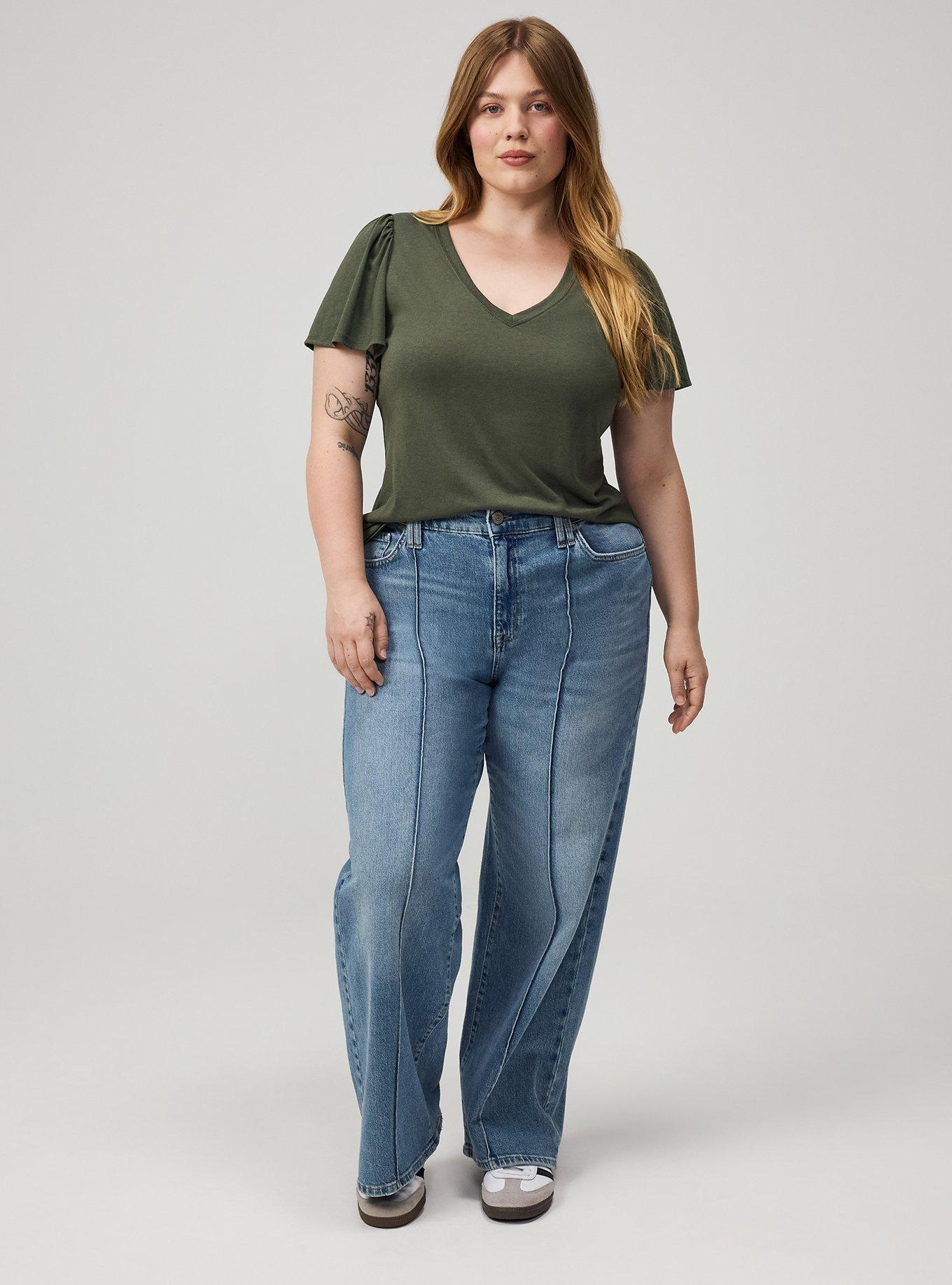 Plus Size Girlfriend Signature Jersey V-Neck Flutter Sleeve Tee, DEEP DEPTHS, alternate
