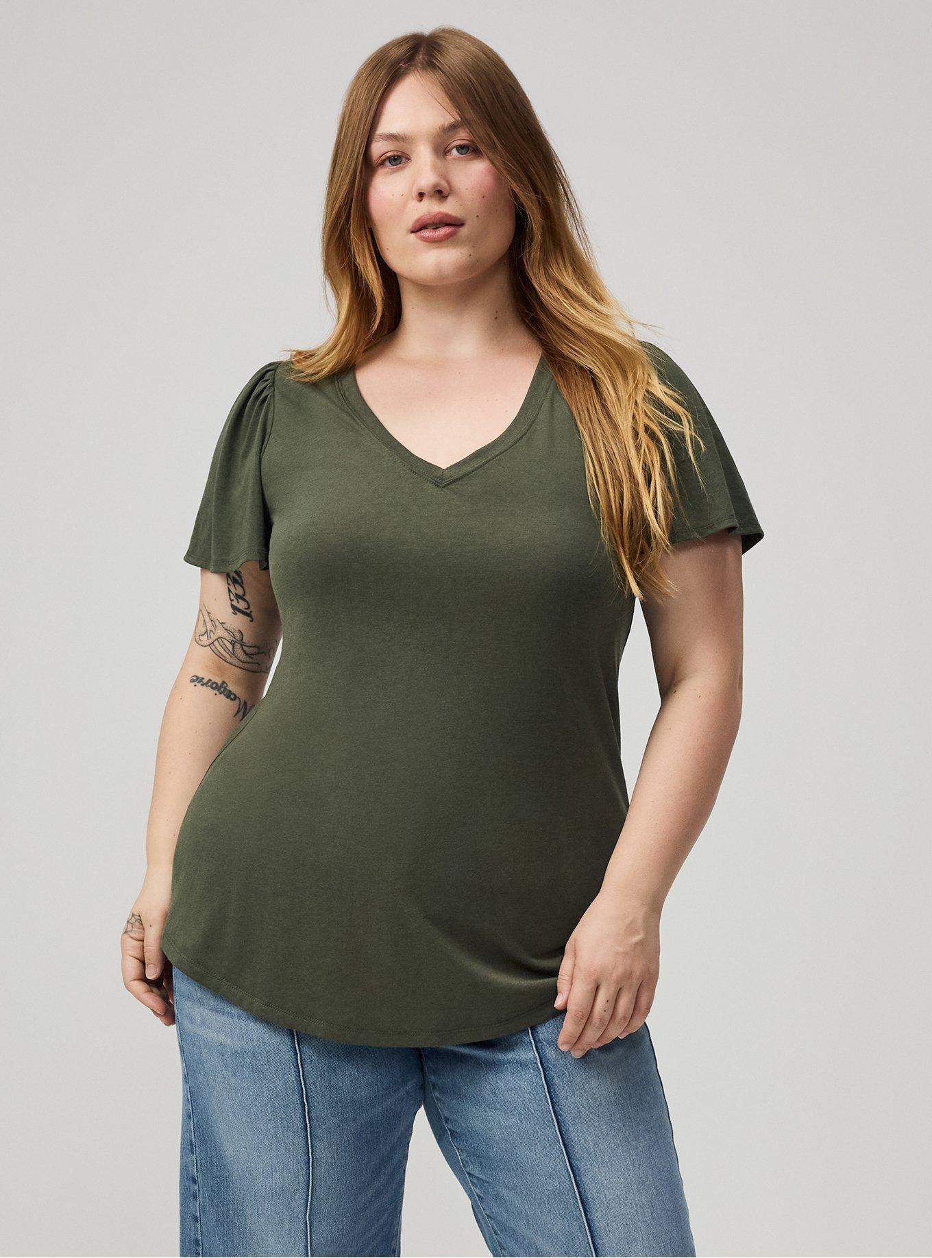 Plus Size Girlfriend Signature Jersey V-Neck Flutter Sleeve Tee, DEEP DEPTHS, alternate