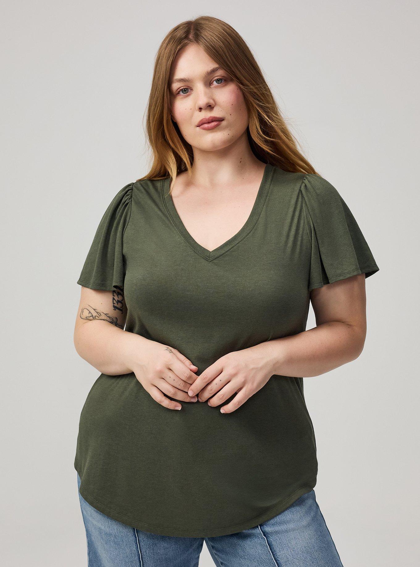 Plus Size Girlfriend Signature Jersey V-Neck Flutter Sleeve Tee, DEEP DEPTHS, hi-res