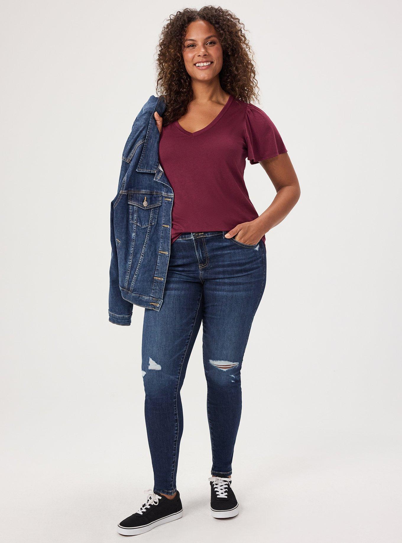 Girlfriend Signature Jersey V-Neck Flutter Sleeve Tee, MAROON BANNER, alternate