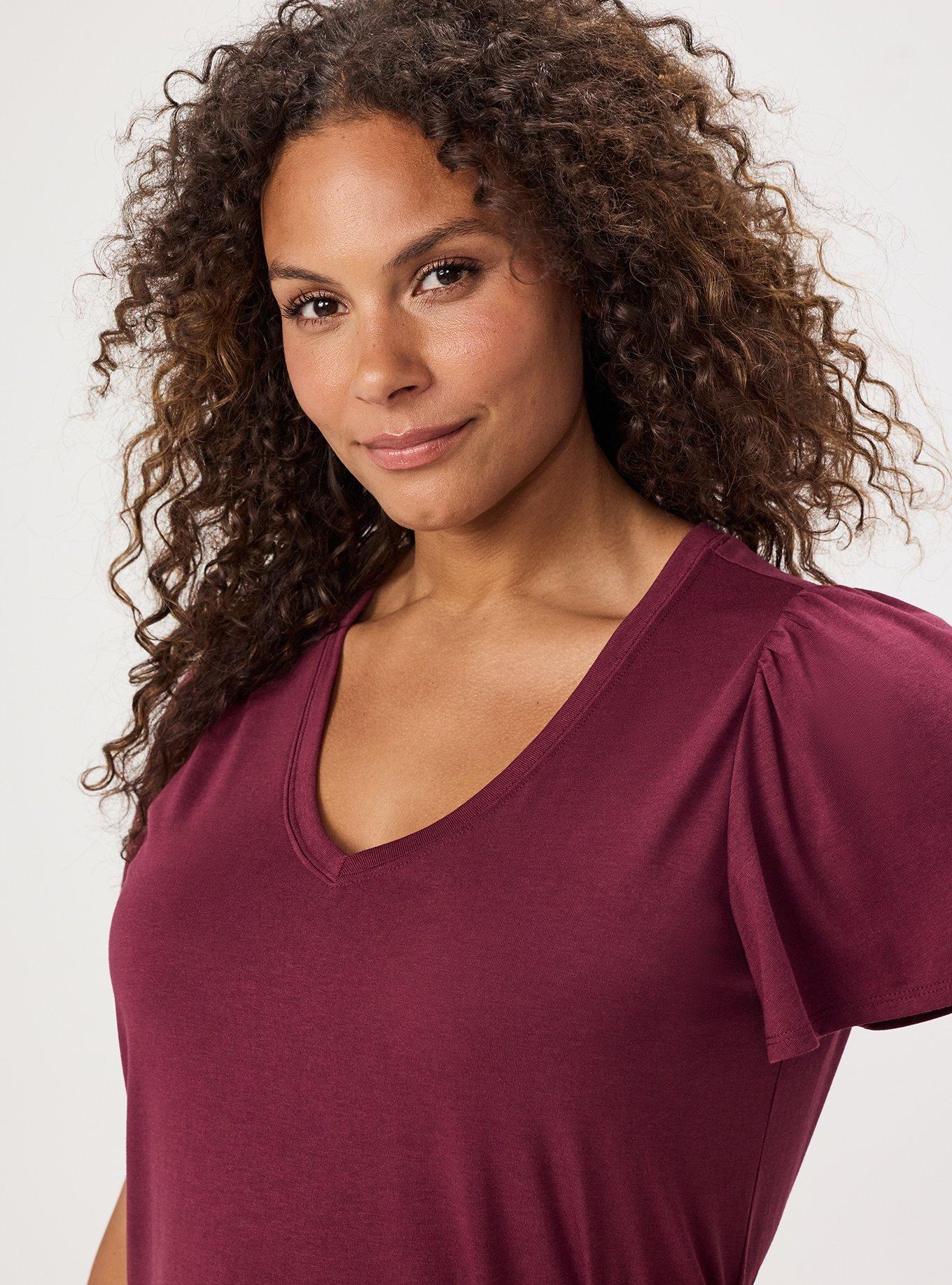 Girlfriend Signature Jersey V-Neck Flutter Sleeve Tee, MAROON BANNER, alternate
