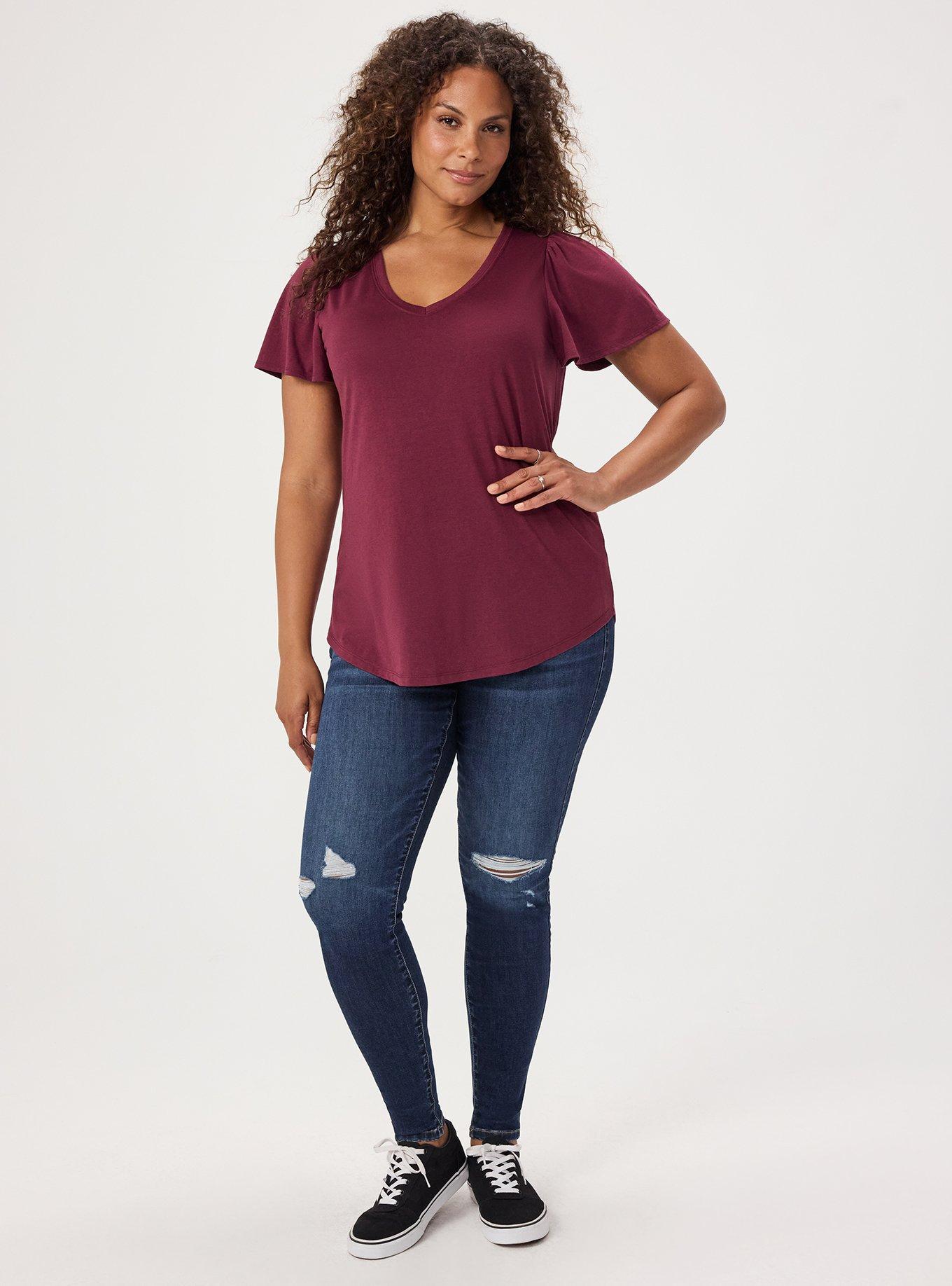 Girlfriend Signature Jersey V-Neck Flutter Sleeve Tee, MAROON BANNER, alternate