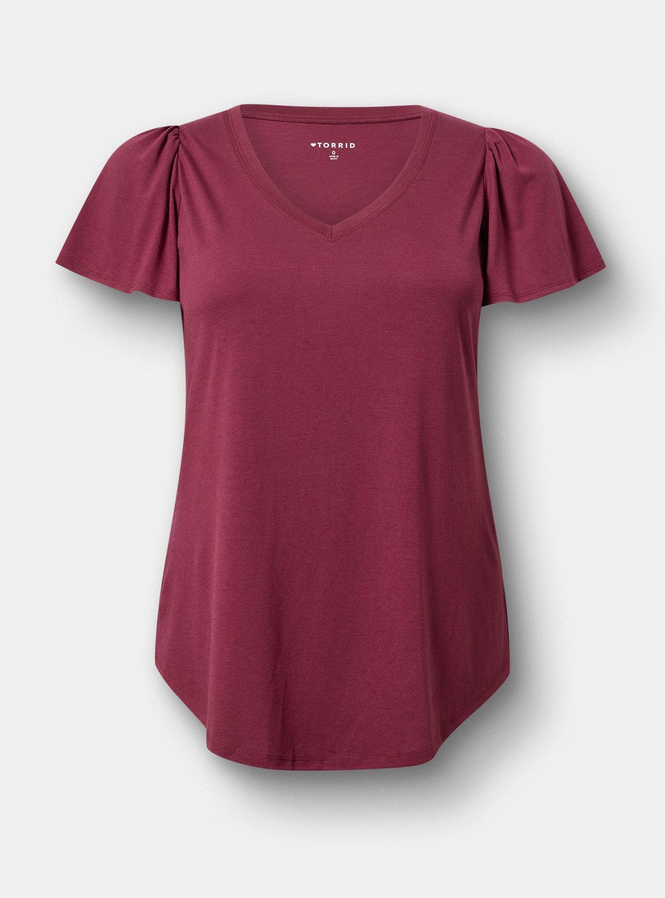 Girlfriend Signature Jersey V-Neck Flutter Sleeve Tee, MAROON BANNER, flat