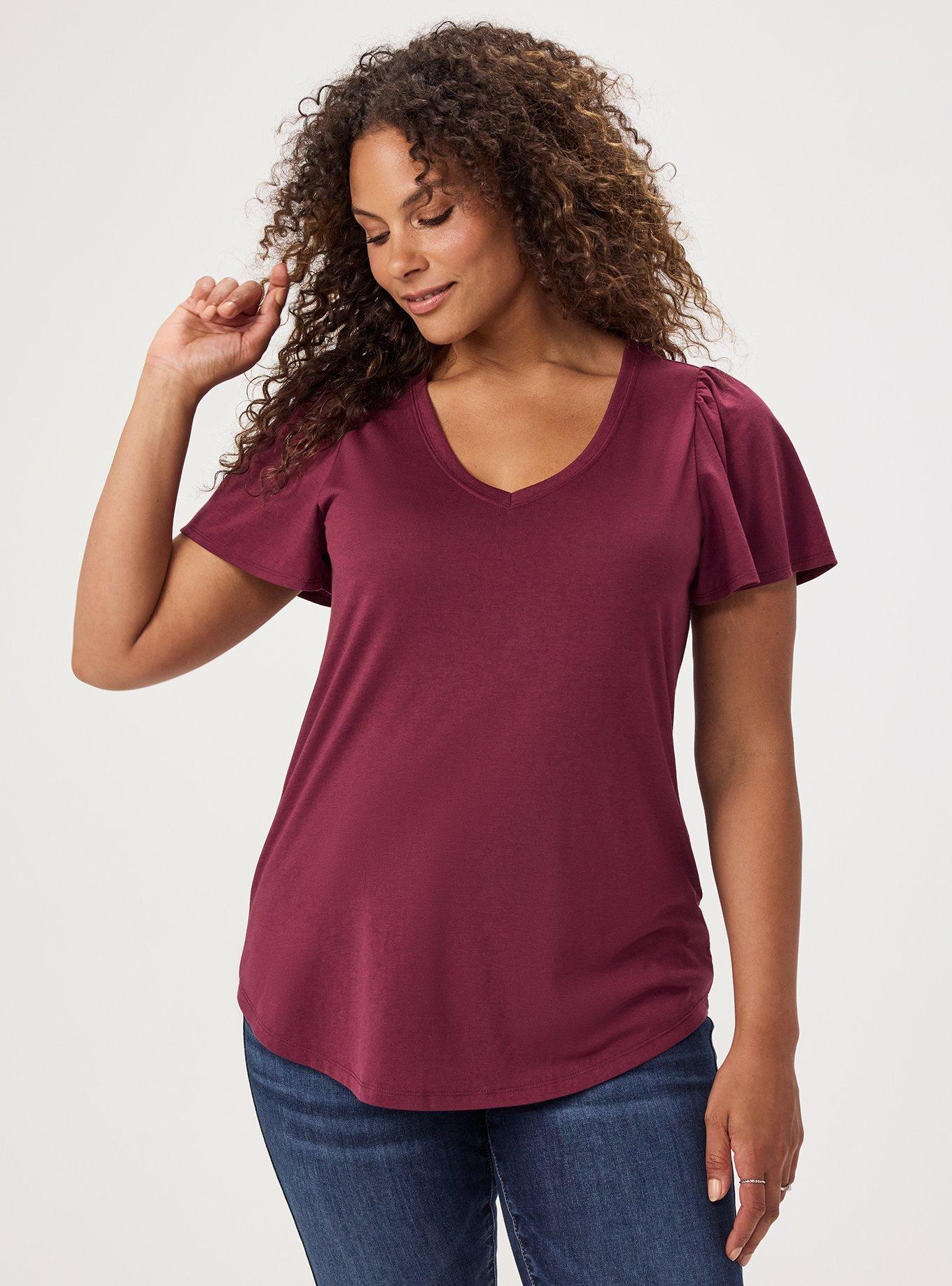 Girlfriend Signature Jersey V-Neck Flutter Sleeve Tee, MAROON BANNER, hi-res