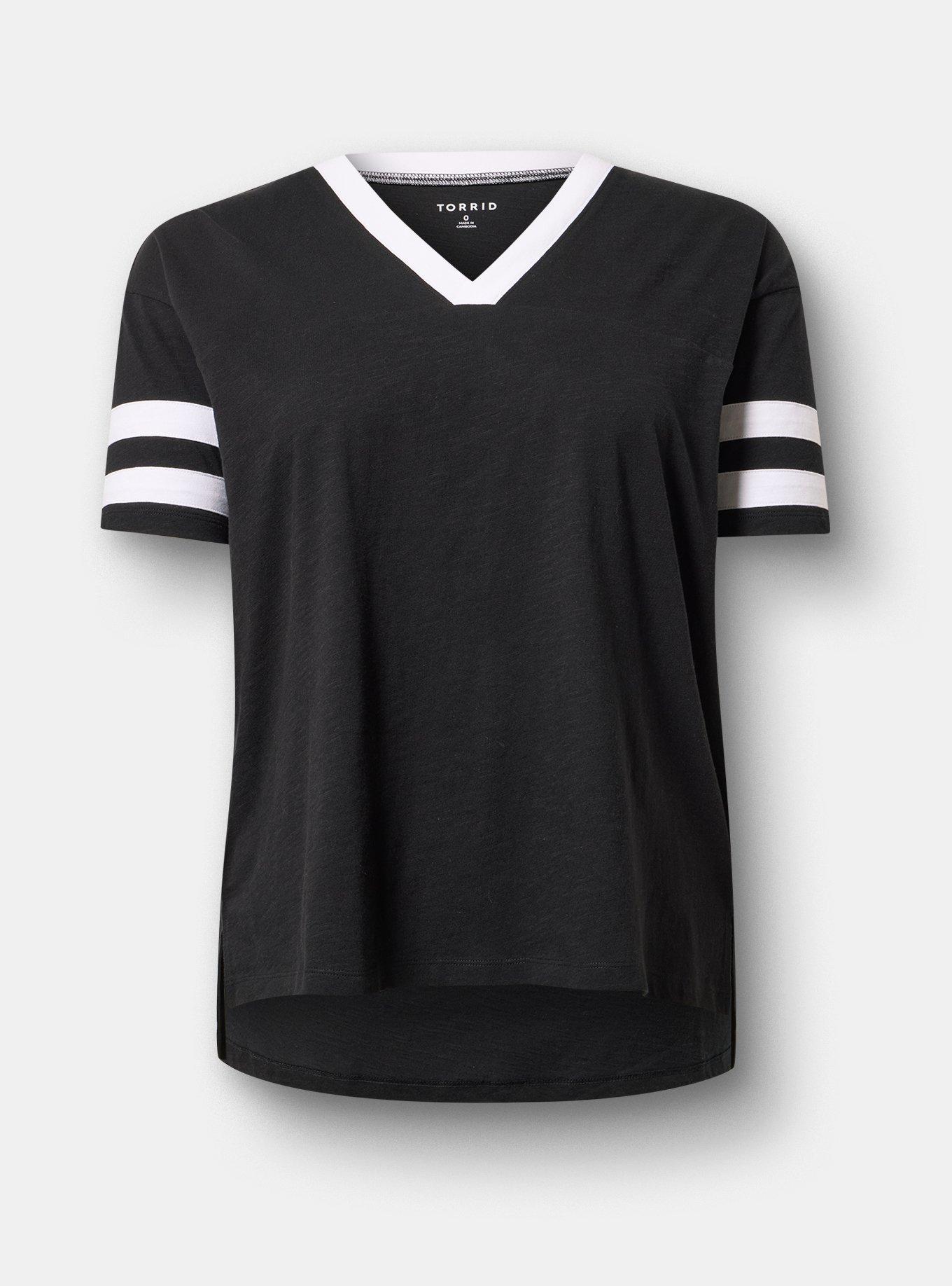 Plus Size Heritage Slub Varsity V-Neck Relaxed Tee, DEEP BLACK, flat