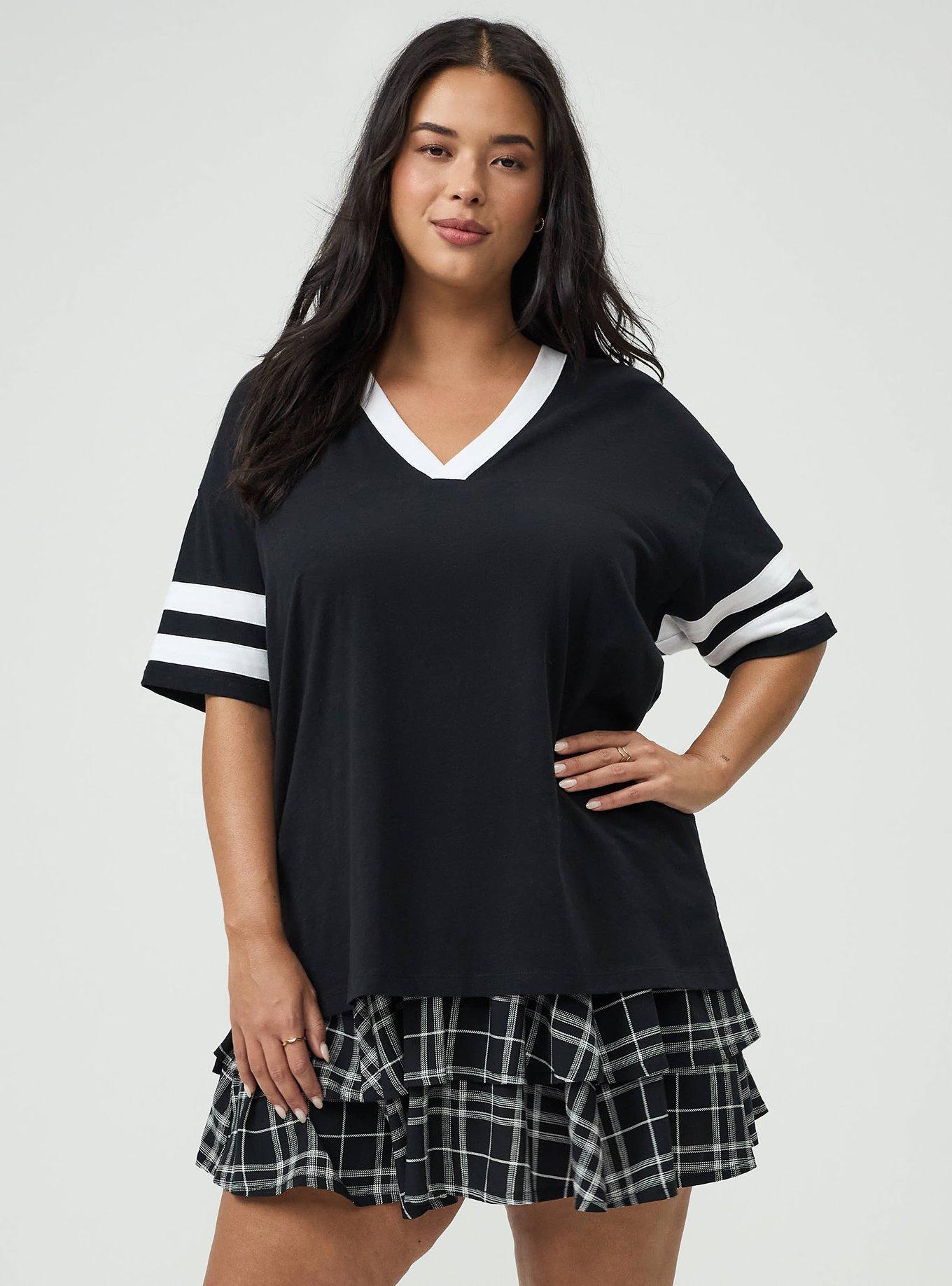 Plus Size Heritage Slub Varsity V-Neck Relaxed Tee, DEEP BLACK, hi-res