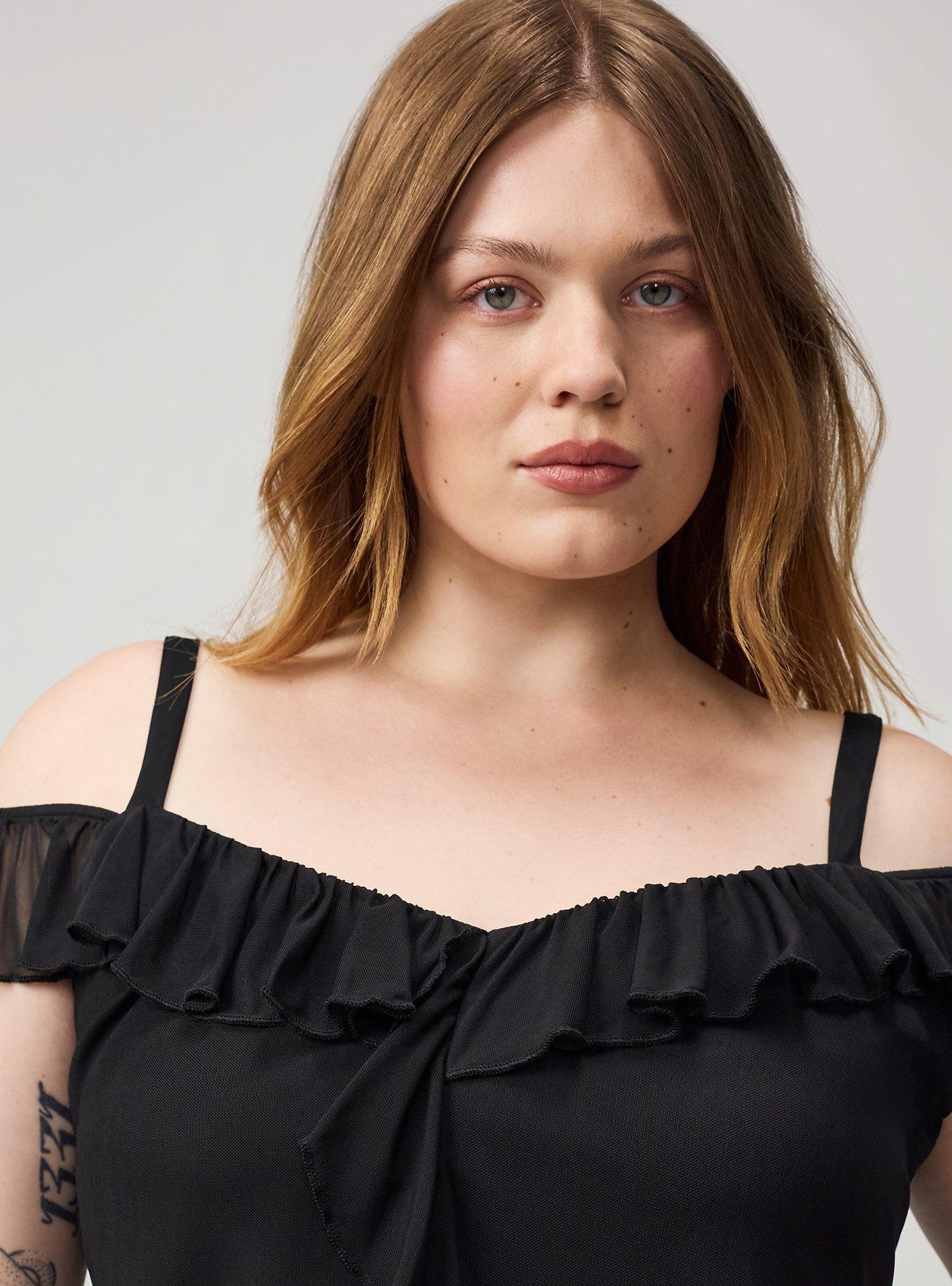 Cold Shoulder Mesh Ruffle Top, DEEP BLACK, alternate