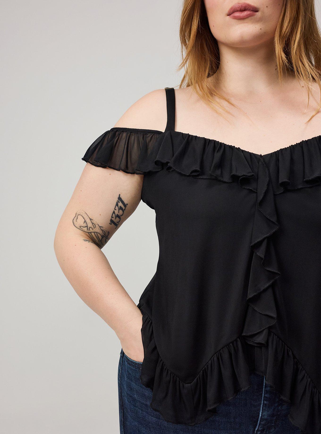 Cold Shoulder Mesh Ruffle Top, DEEP BLACK, alternate