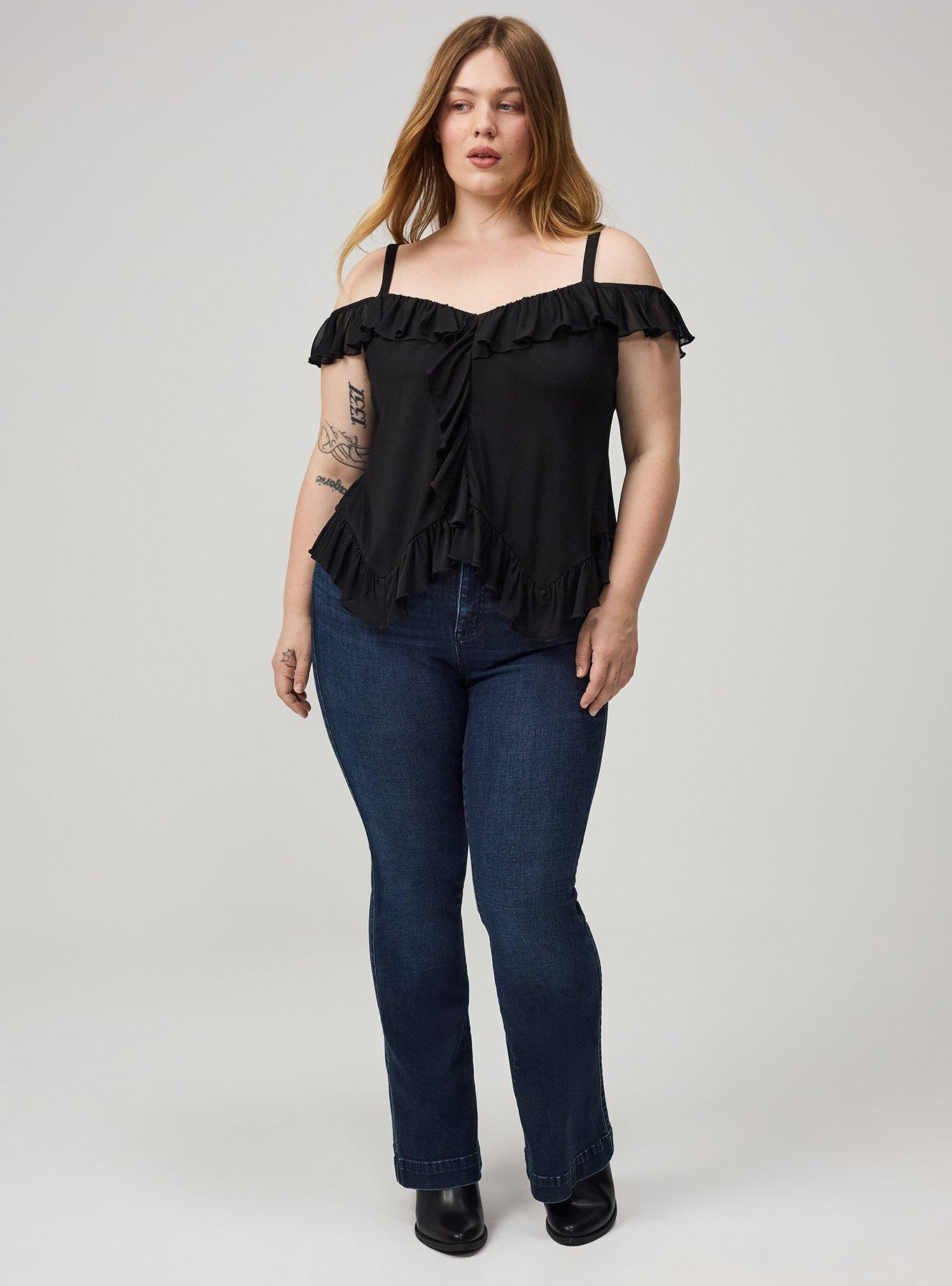 Cold Shoulder Mesh Ruffle Top, DEEP BLACK, alternate