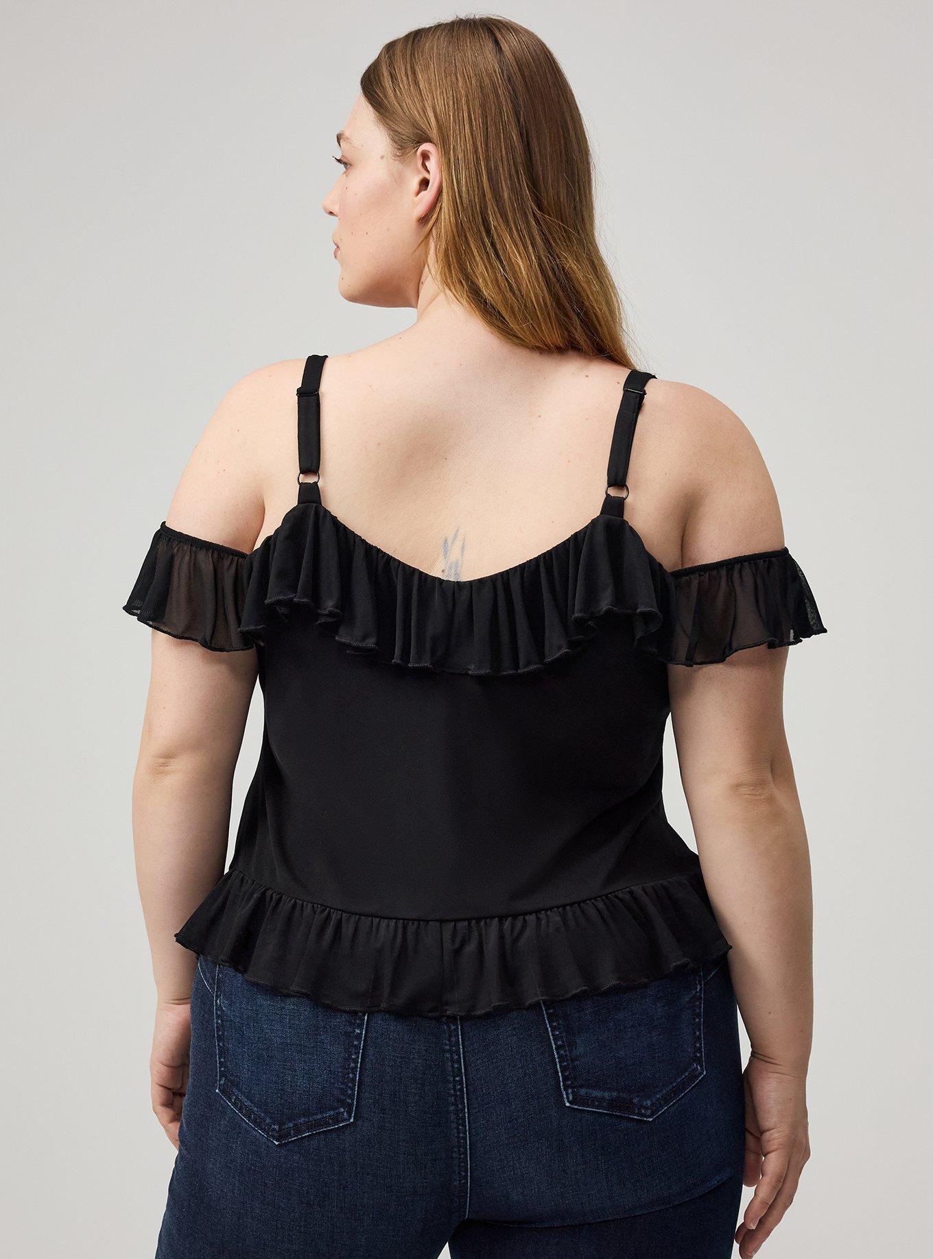 Cold Shoulder Mesh Ruffle Top, DEEP BLACK, alternate