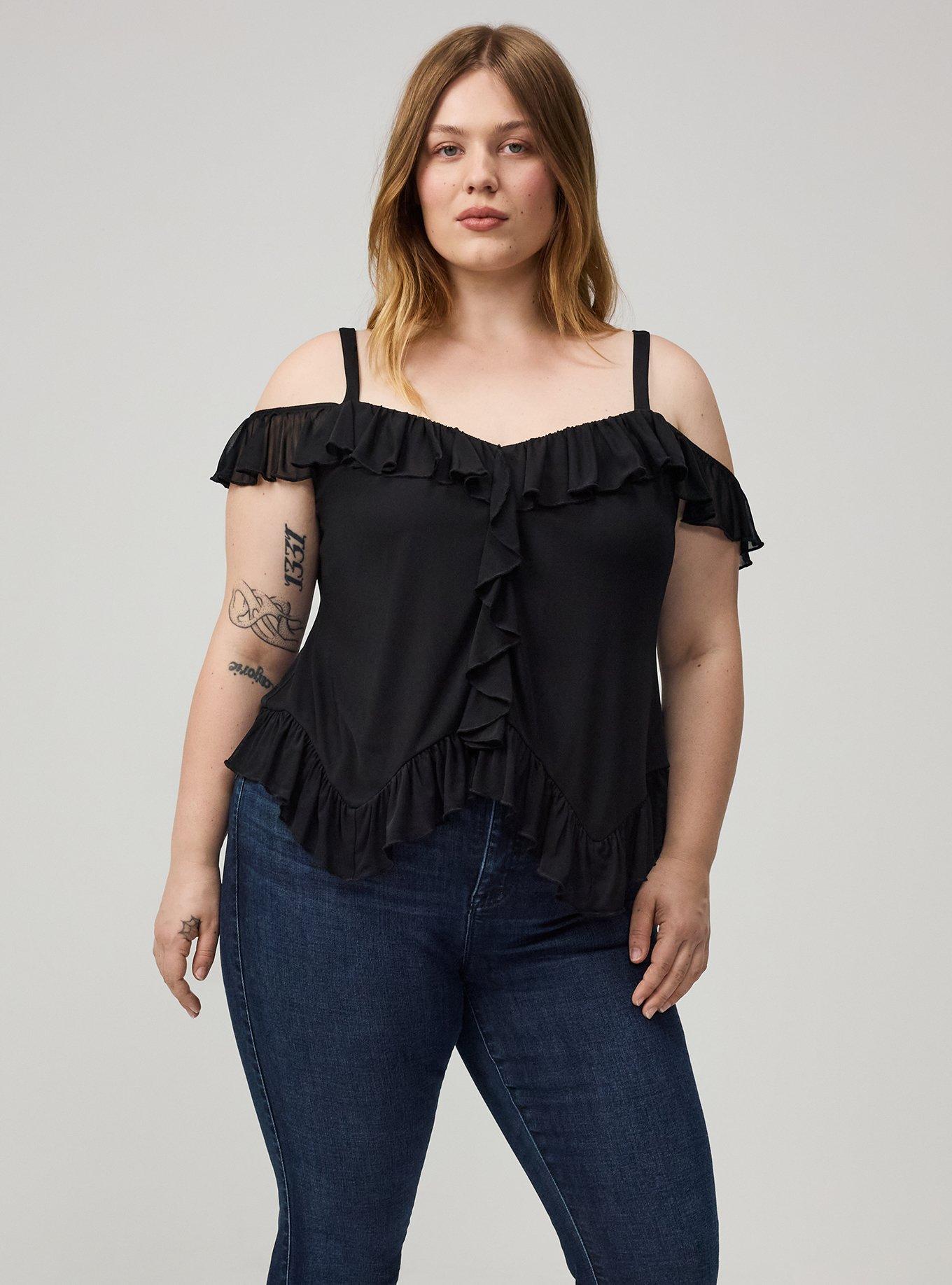 Cold Shoulder Mesh Ruffle Top, DEEP BLACK, alternate