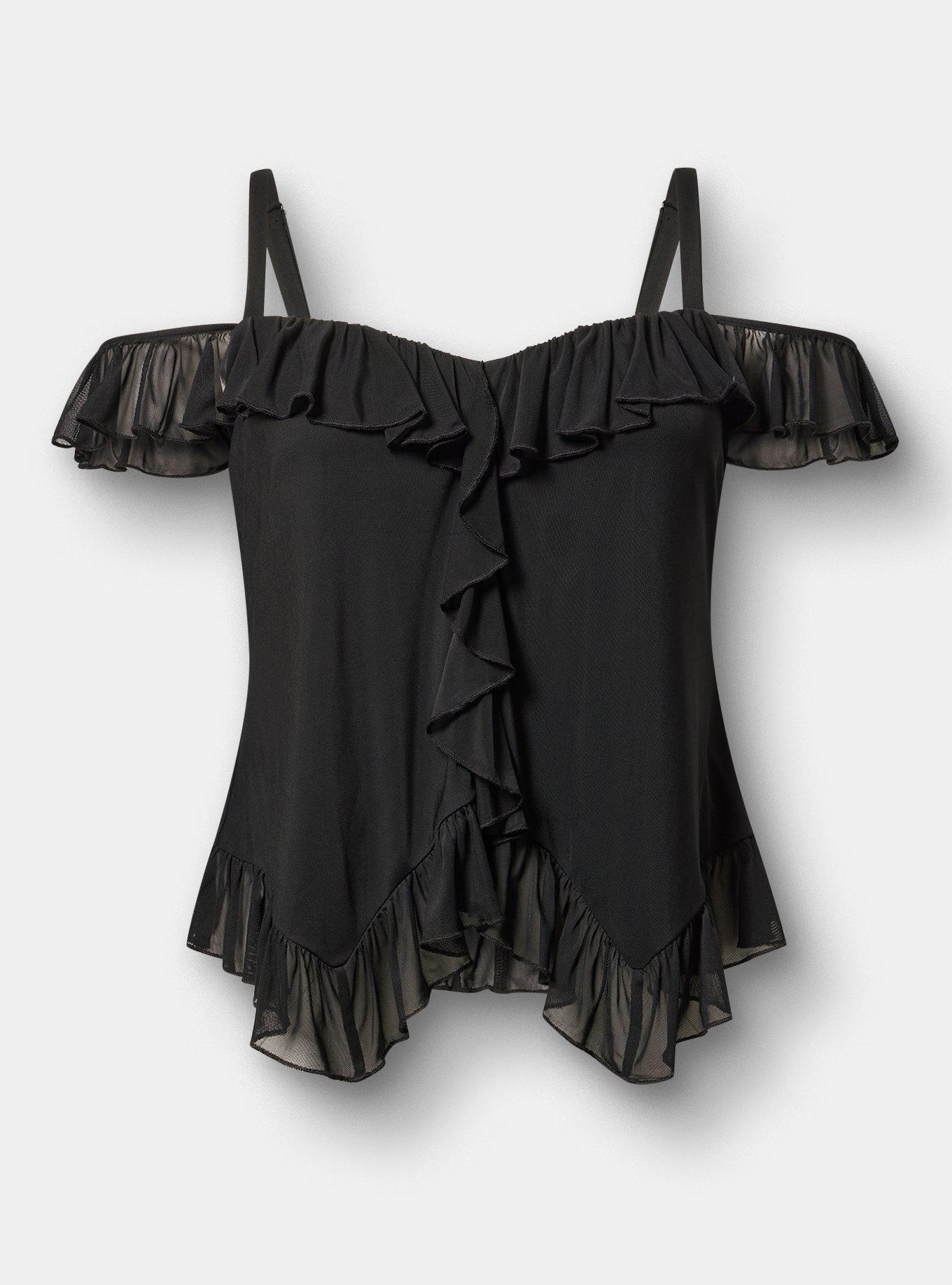 Cold Shoulder Mesh Ruffle Top, DEEP BLACK, flat