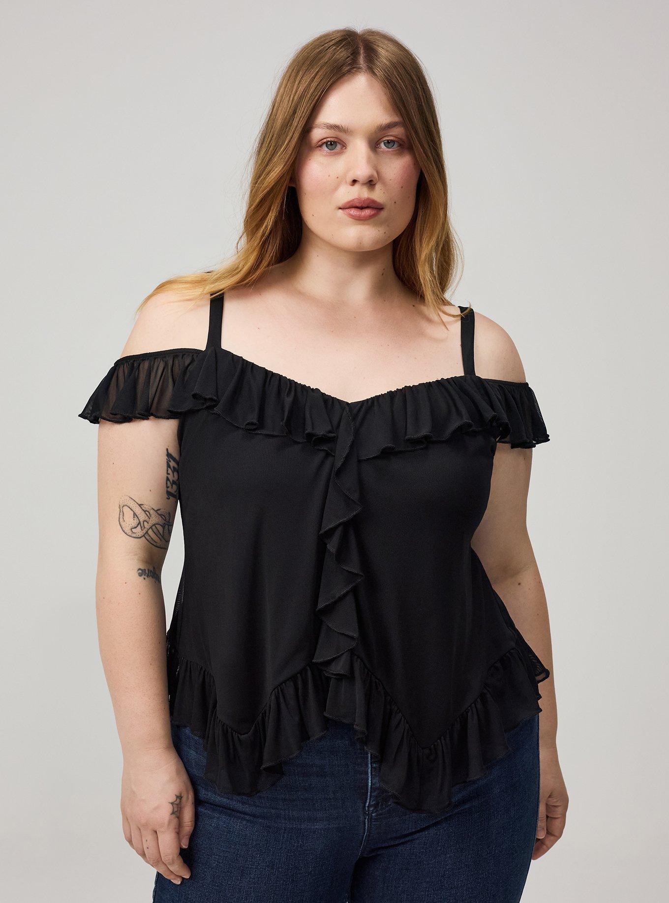Cold Shoulder Mesh Ruffle Top, DEEP BLACK, hi-res