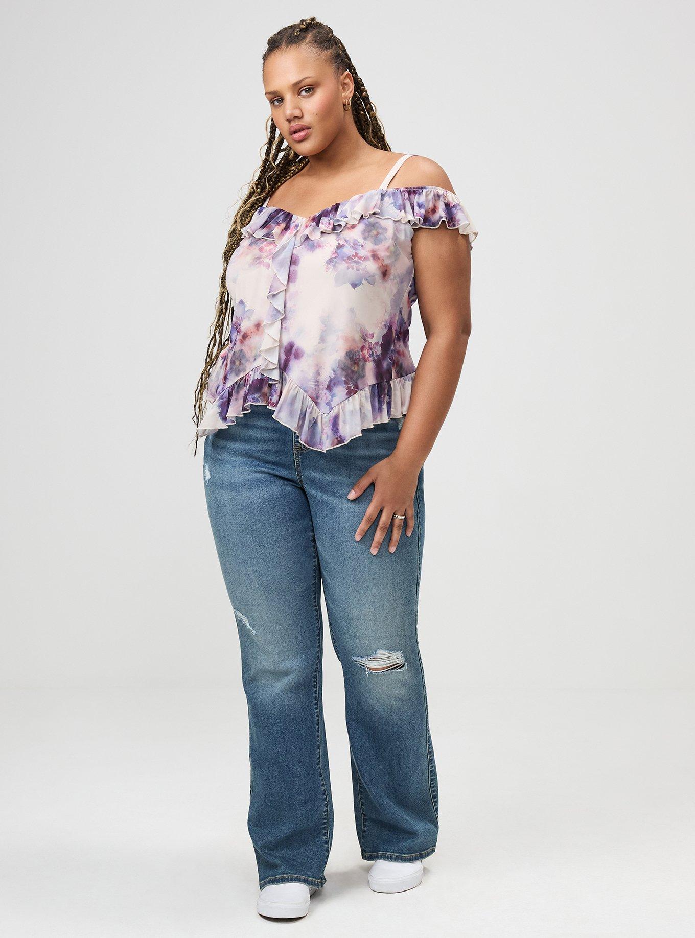 Cold Shoulder Mesh Ruffle Top, DYED FLORAL MULTI, alternate