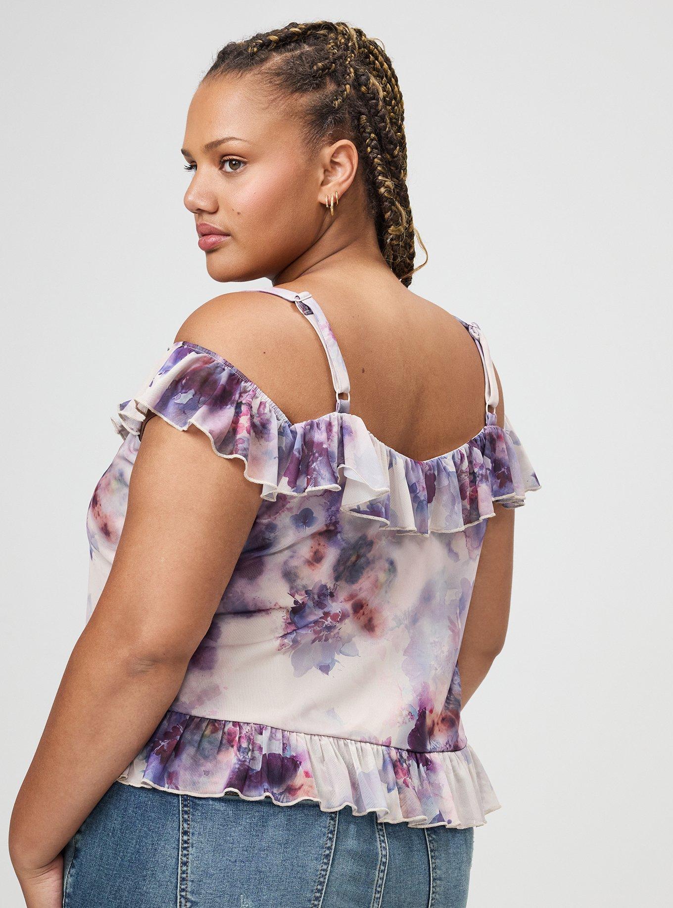 Cold Shoulder Mesh Ruffle Top, DYED FLORAL MULTI, alternate