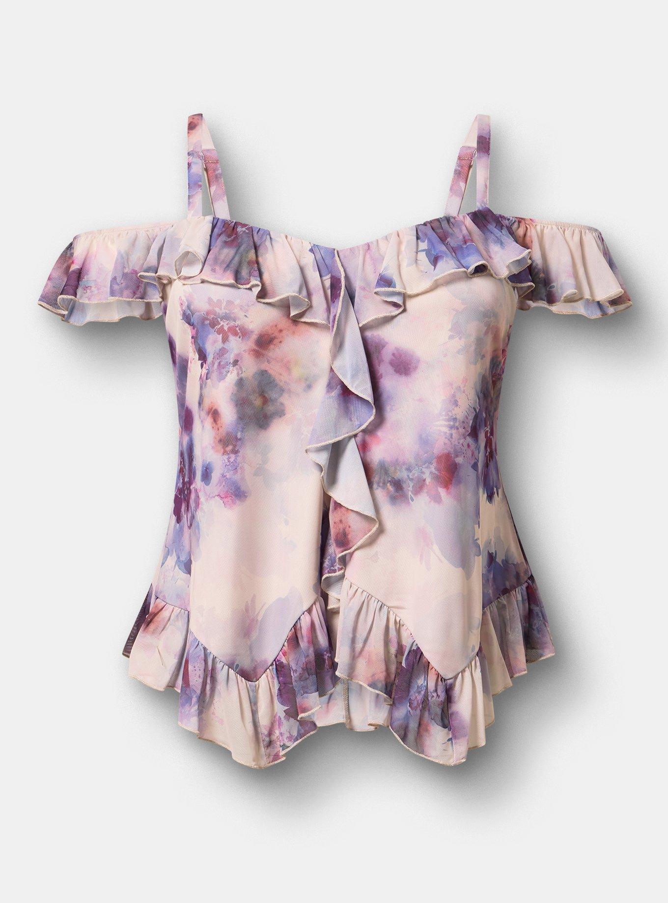 Cold Shoulder Mesh Ruffle Top, DYED FLORAL MULTI, hi-res