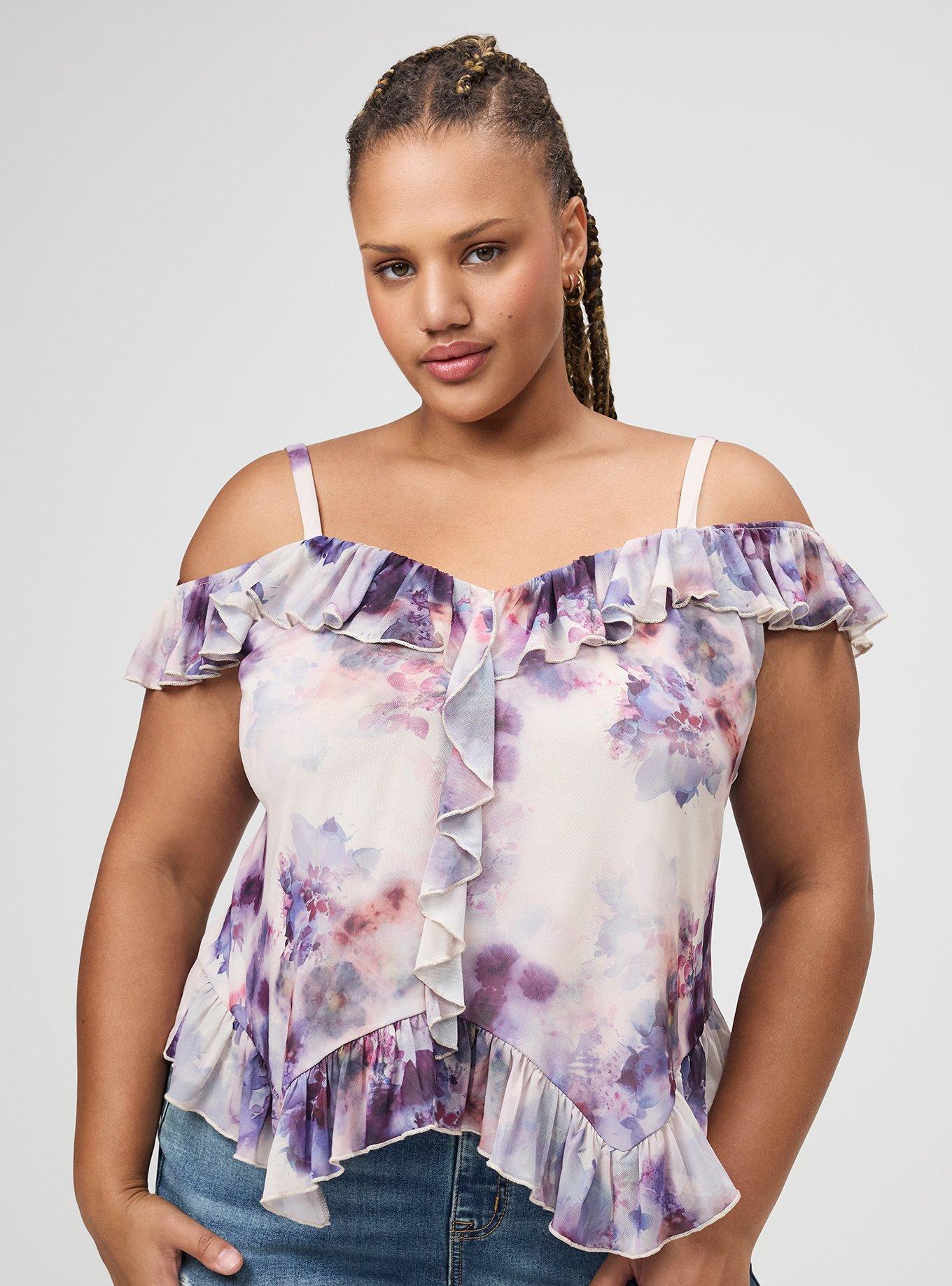 Cold Shoulder Mesh Ruffle Top, DYED FLORAL MULTI, hi-res