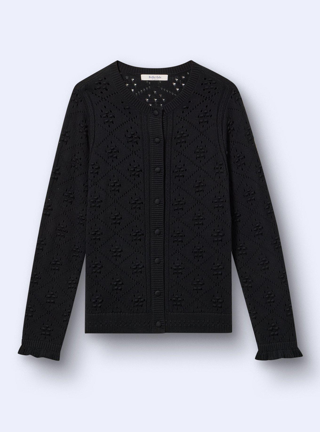 Belle Isle Ruffle Sleeve Cardigan, DEEP BLACK, flat