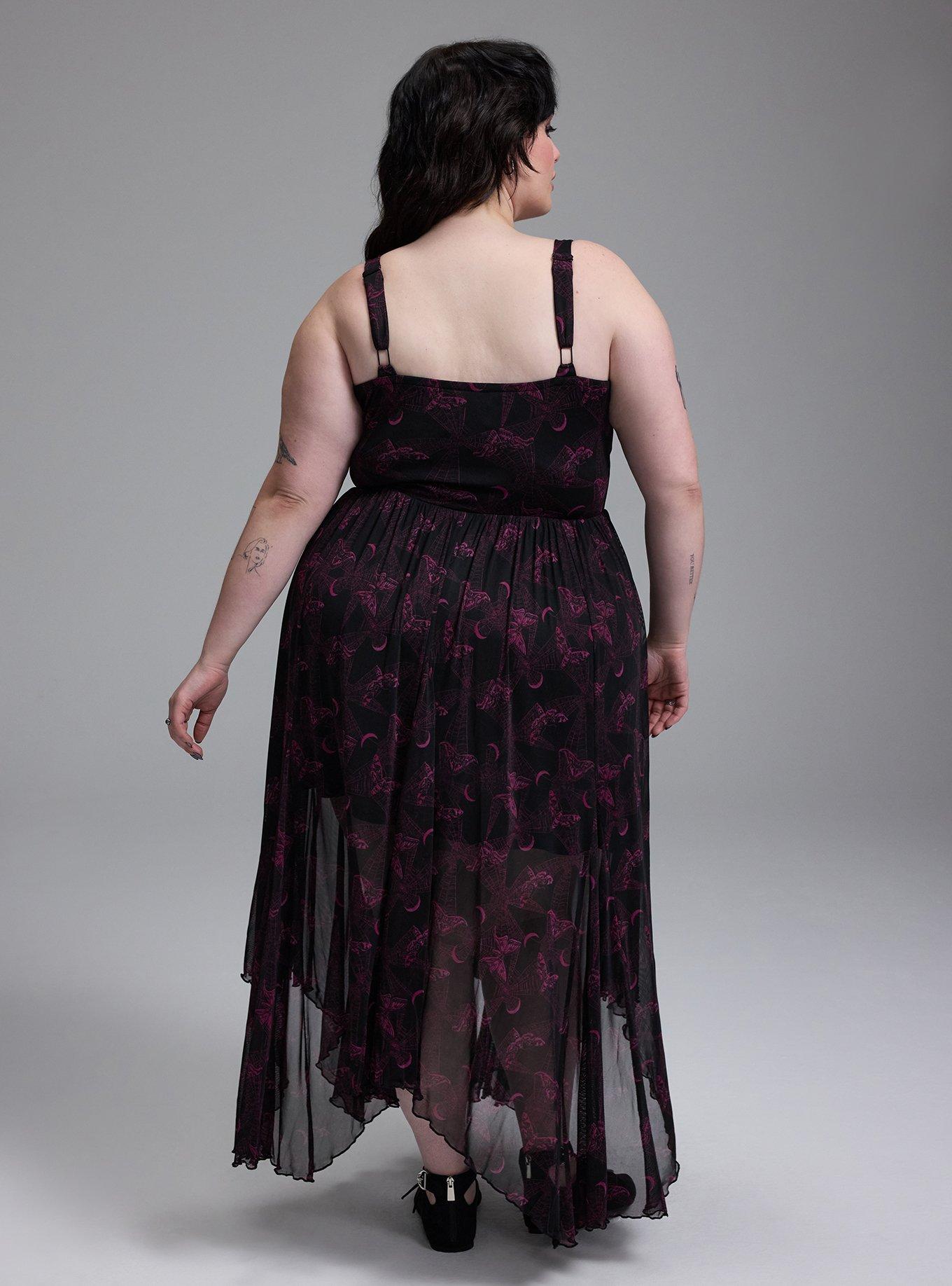 Plus Size Nightfall Layered Corset Maxi Dress, MIDNIGHT MOTHS MAGENTA DEEP BLACK, alternate